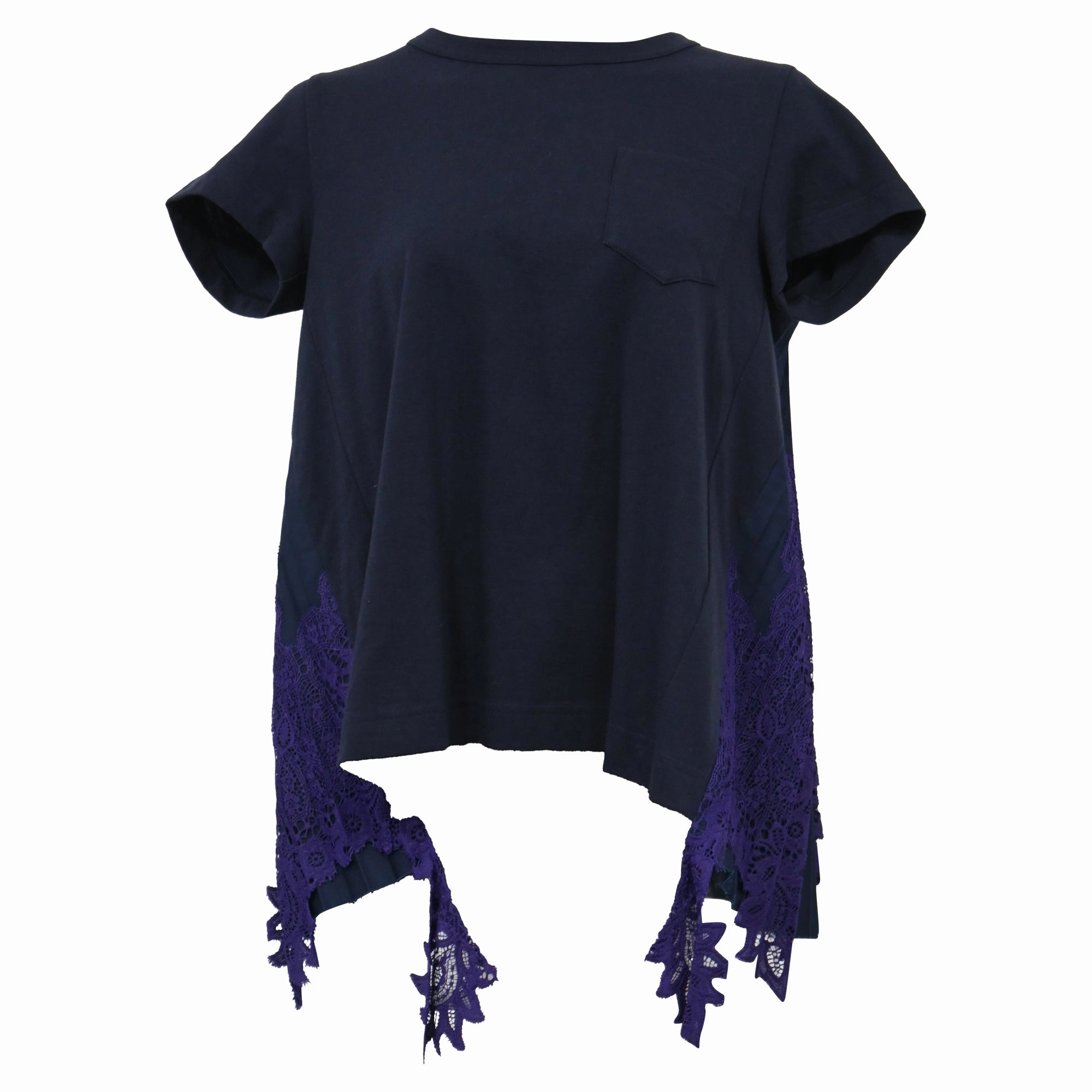 Sacai Draped Lace Inserts T-shirt In Navy Cotton