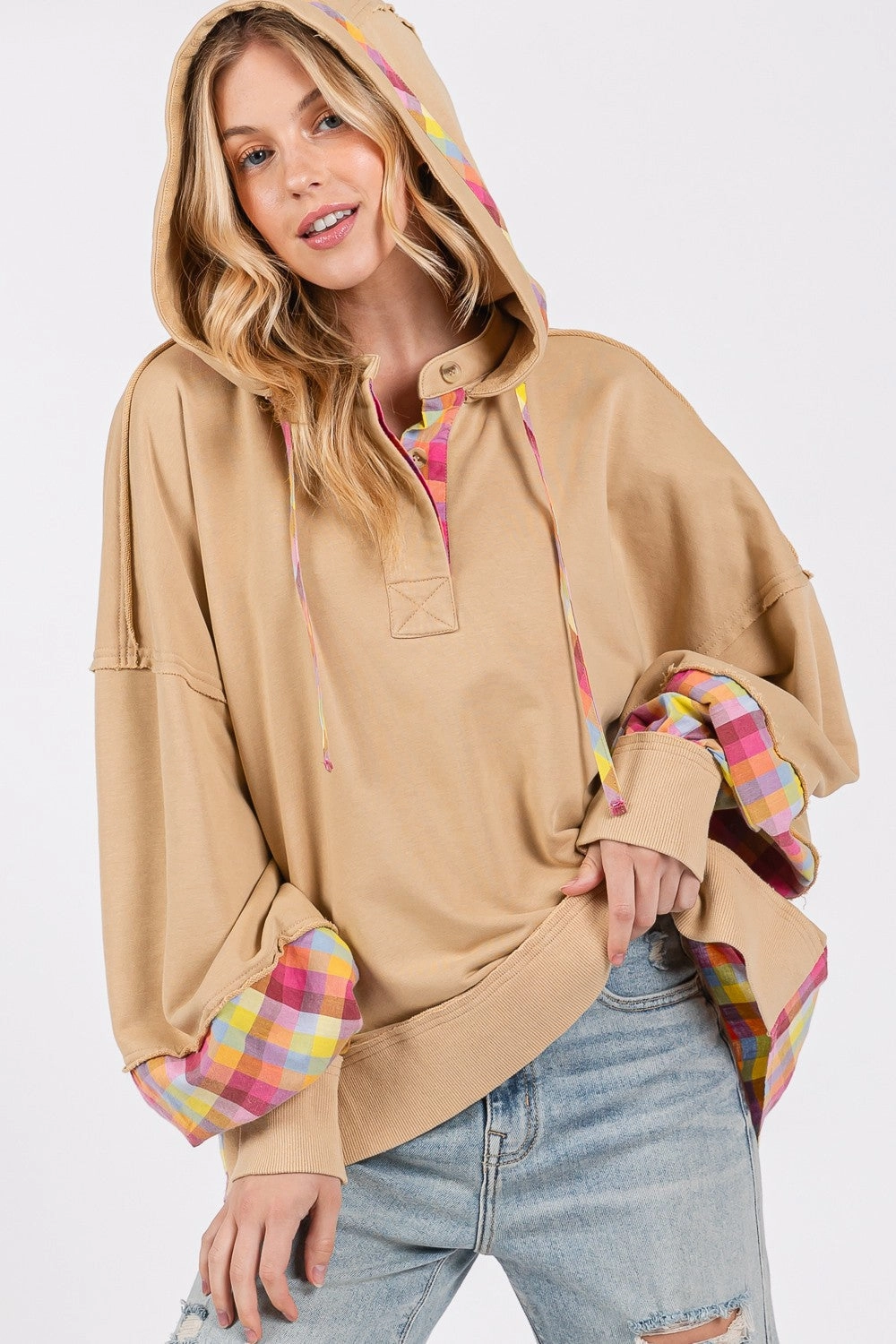 SAGE   FIG Full Size Plaid Print Washed Hoodie