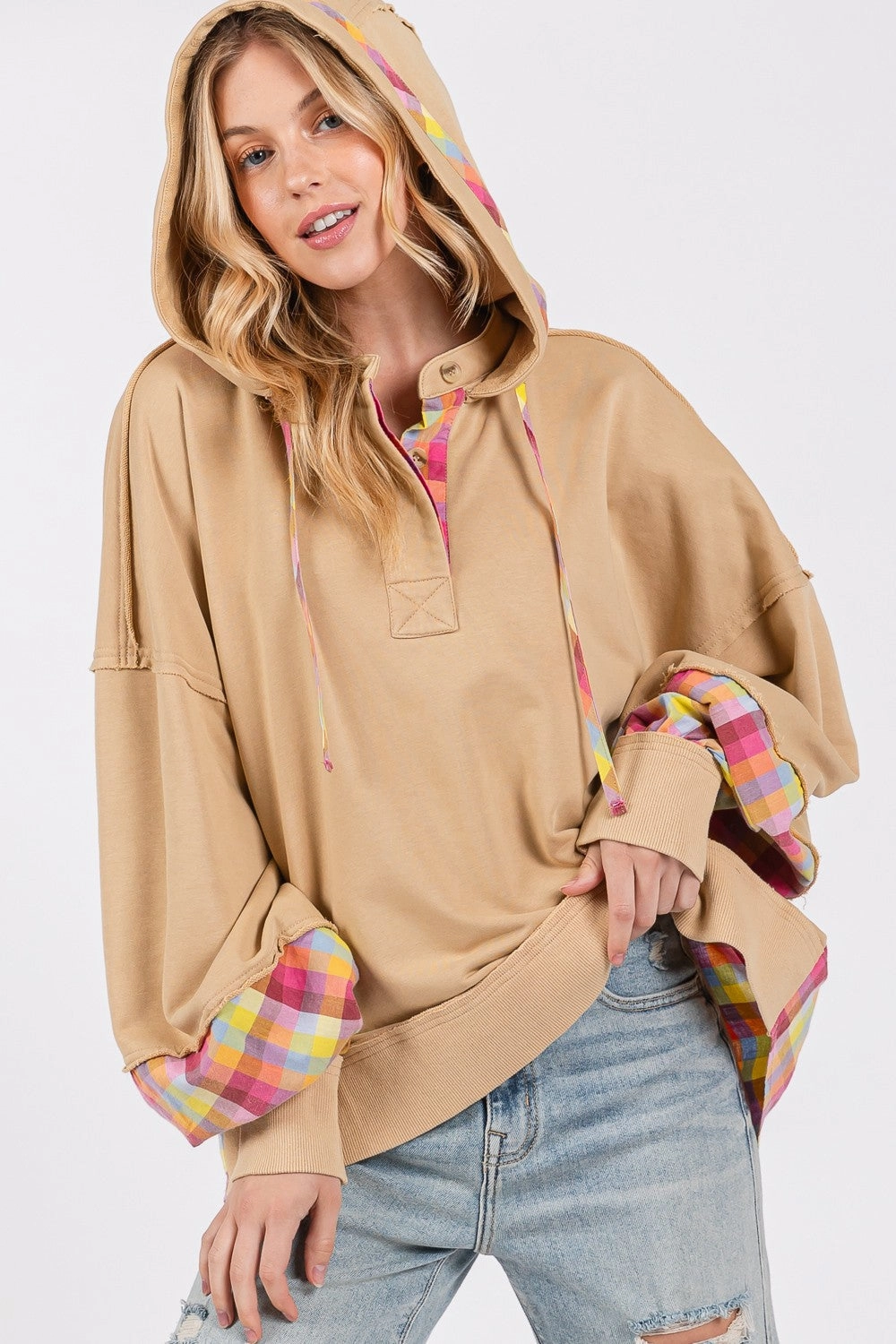 SAGE   FIG Full Size Plaid Print Washed Hoodie