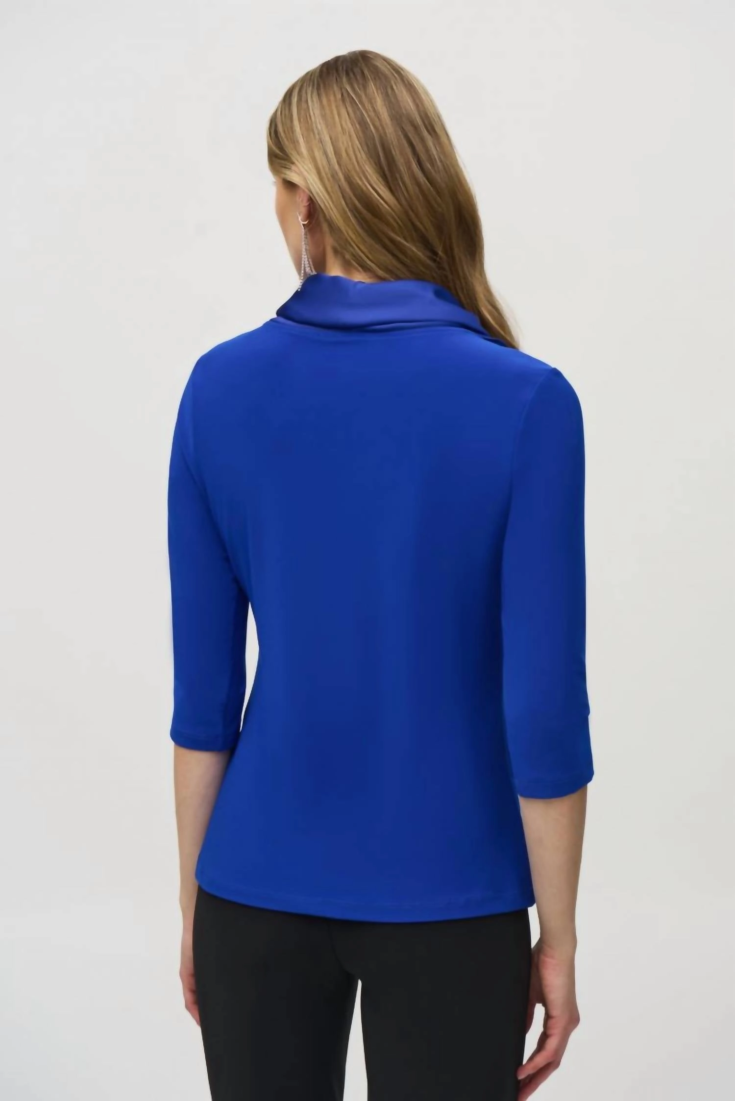 Satin Cowl Neck 3/4 Sleeve Fitted Top In Royal Sapphire