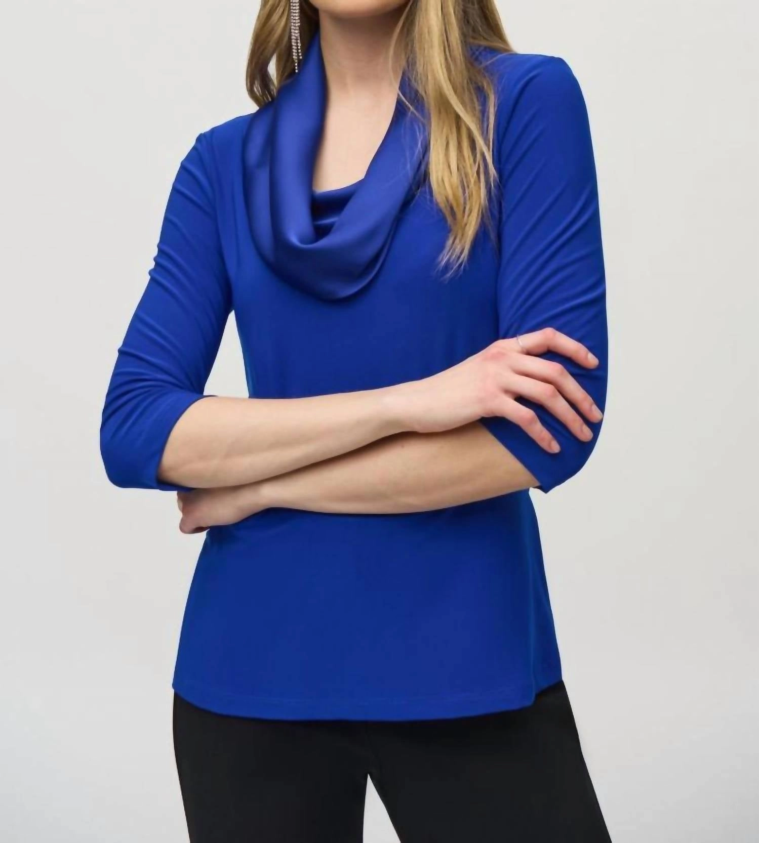 Satin Cowl Neck 3/4 Sleeve Fitted Top In Royal Sapphire