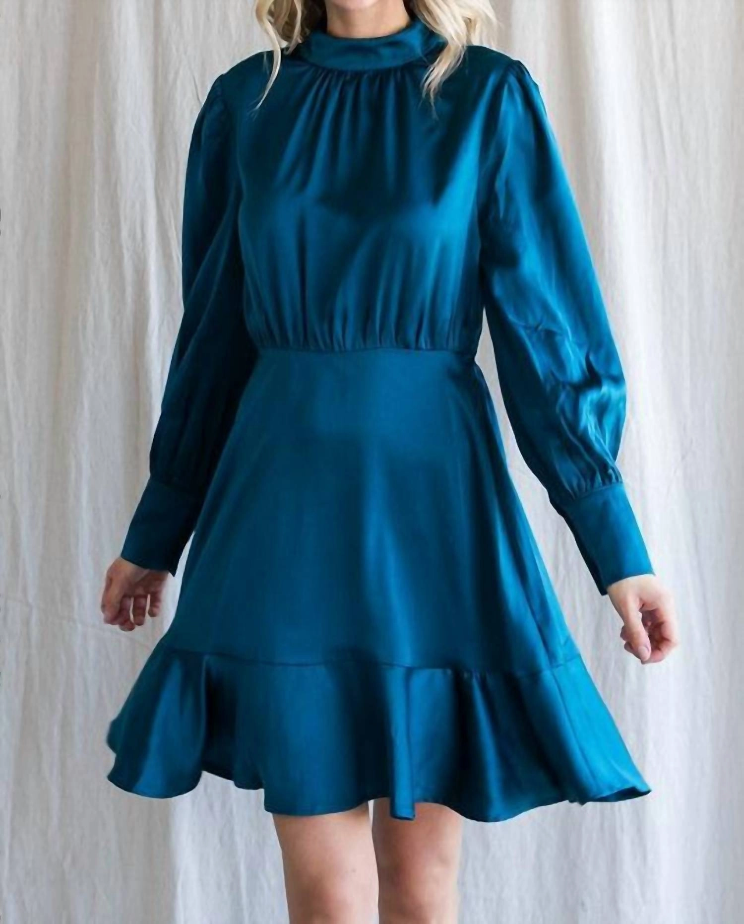 Satin Ruffled Hemline Dress In Teal