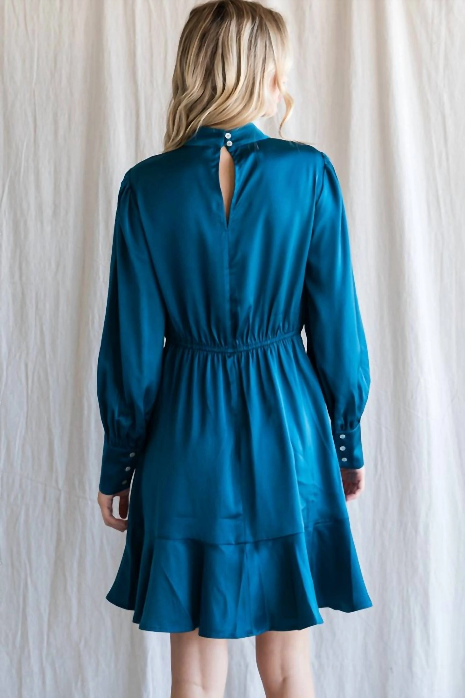 Satin Ruffled Hemline Dress In Teal