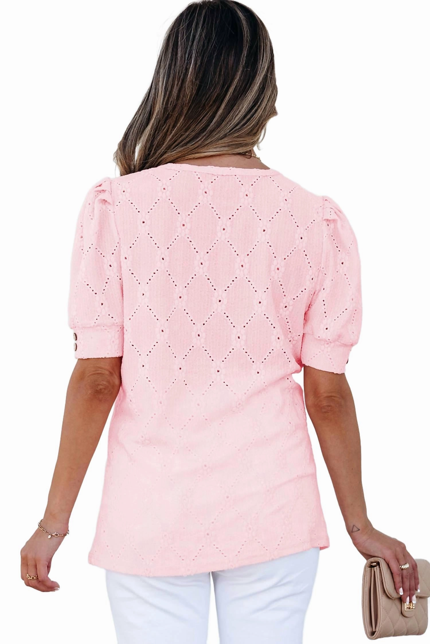 Scarlet Flower Textured Short Sleeve Top In Pink