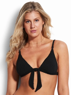 Seafolly Riviera Fixed Tri Top Women 10 Black Textured Tie Front Swimwear ERK275 Swim Womens - ruffle swimwear best price