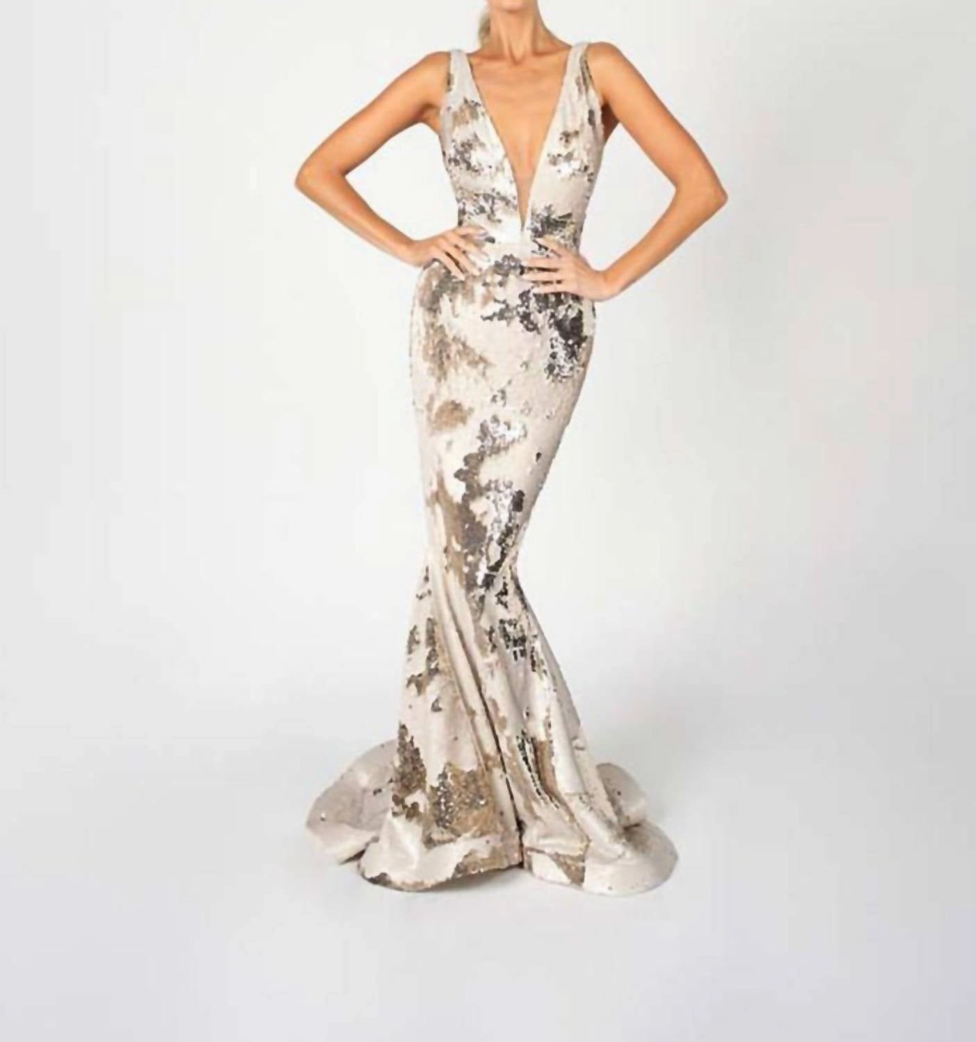 Sequin Gown In Crme/gold