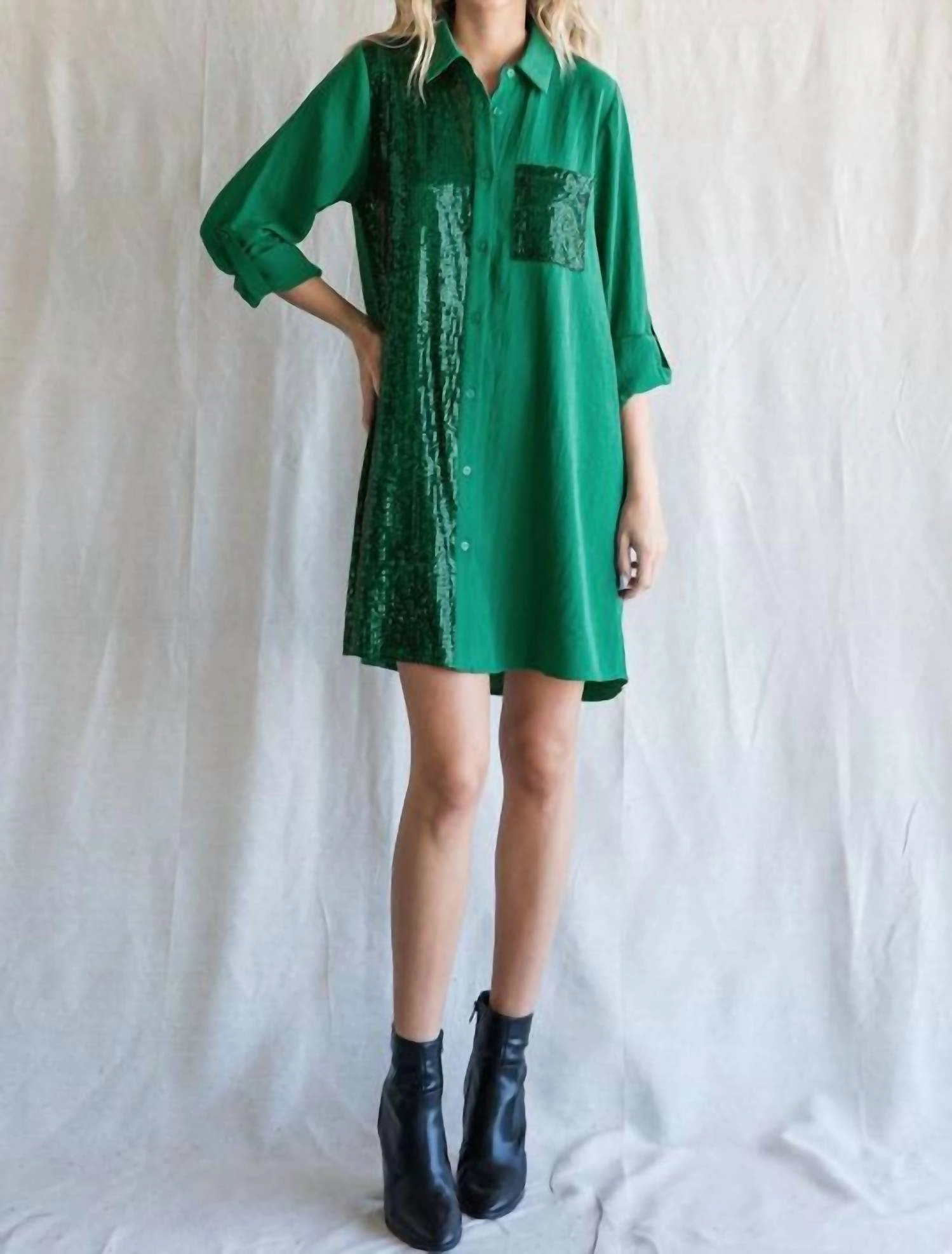 Sequin Shirt Dress In Hunter Green