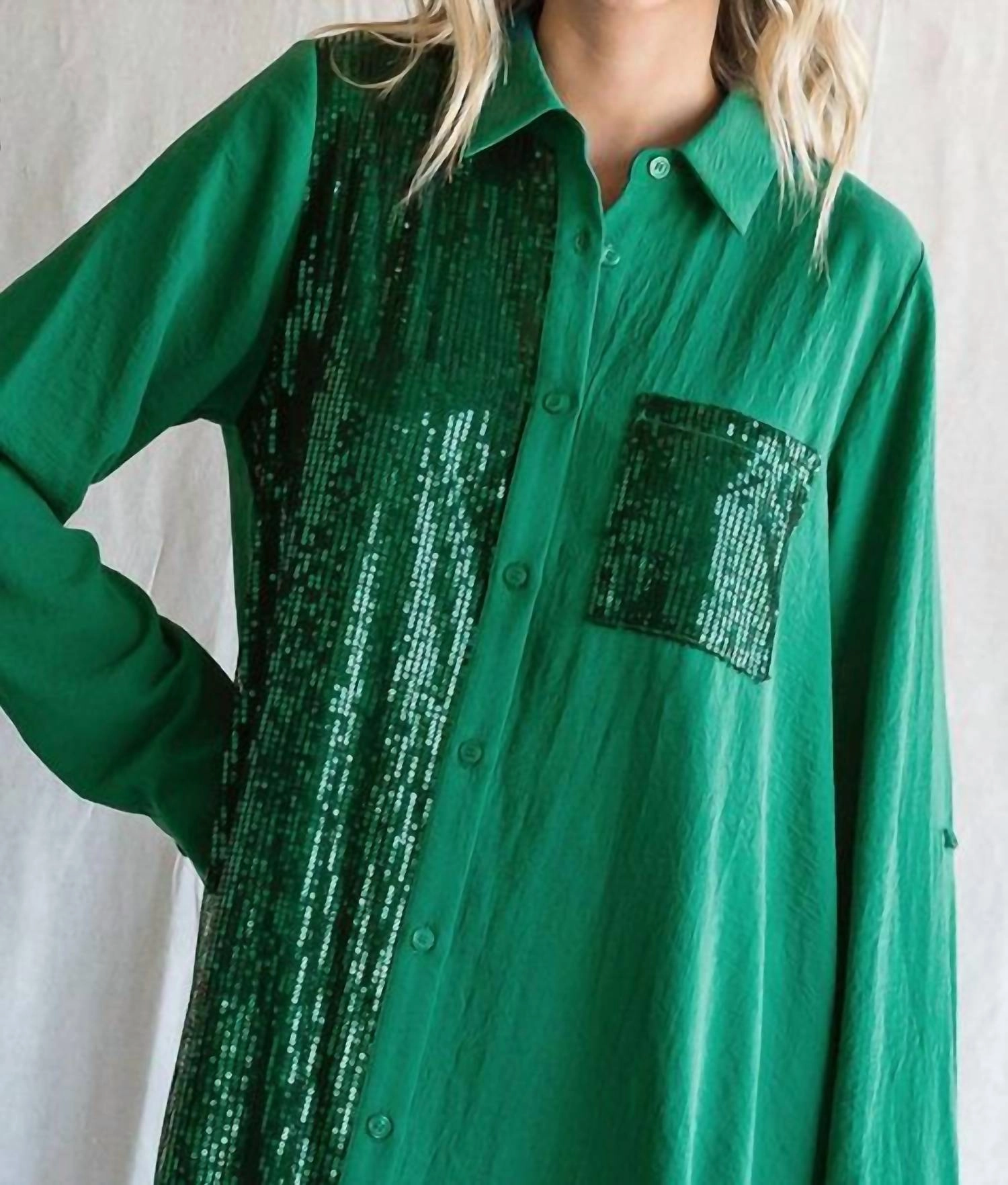 Sequin Shirt Dress In Hunter Green