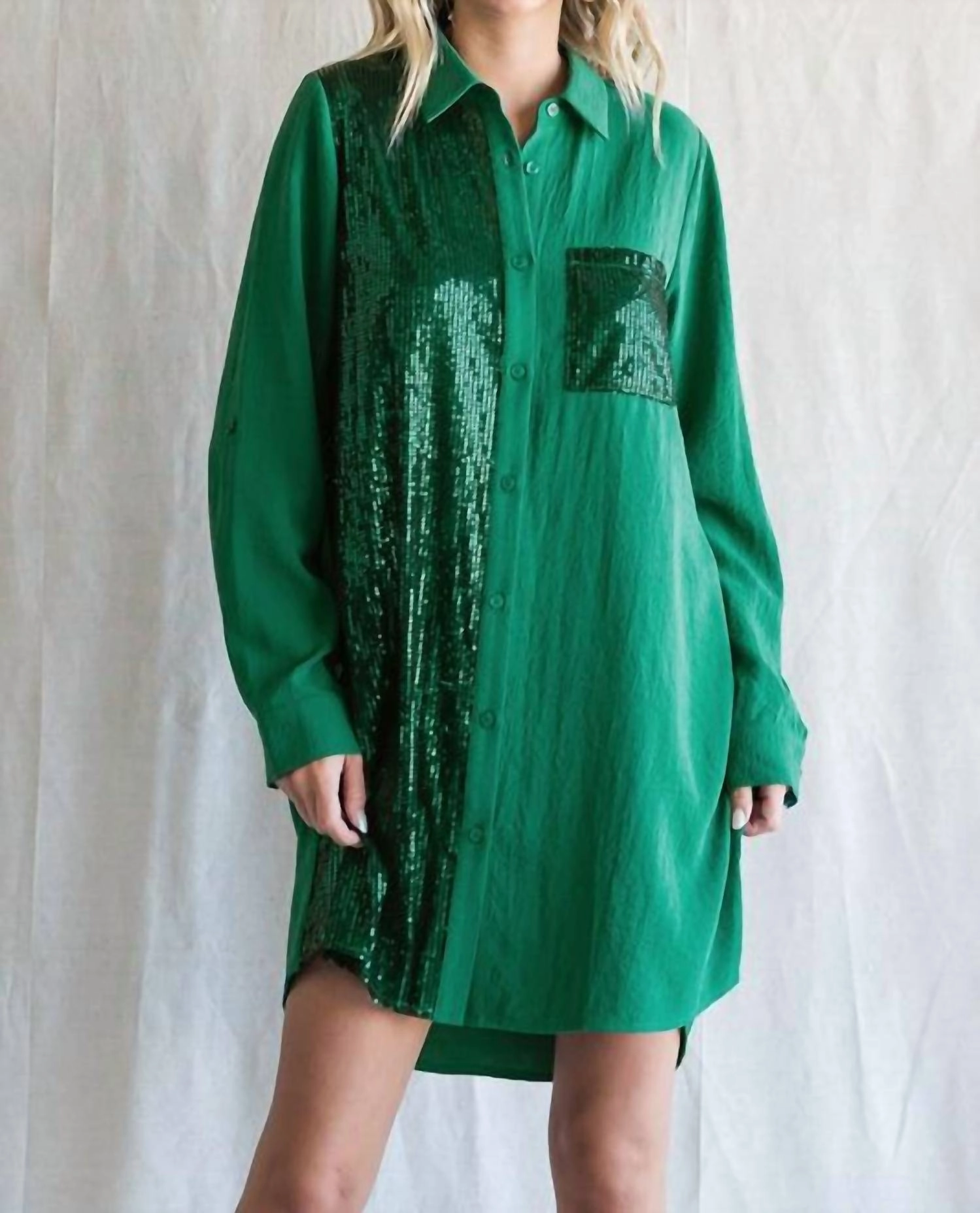 Sequin Shirt Dress In Hunter Green