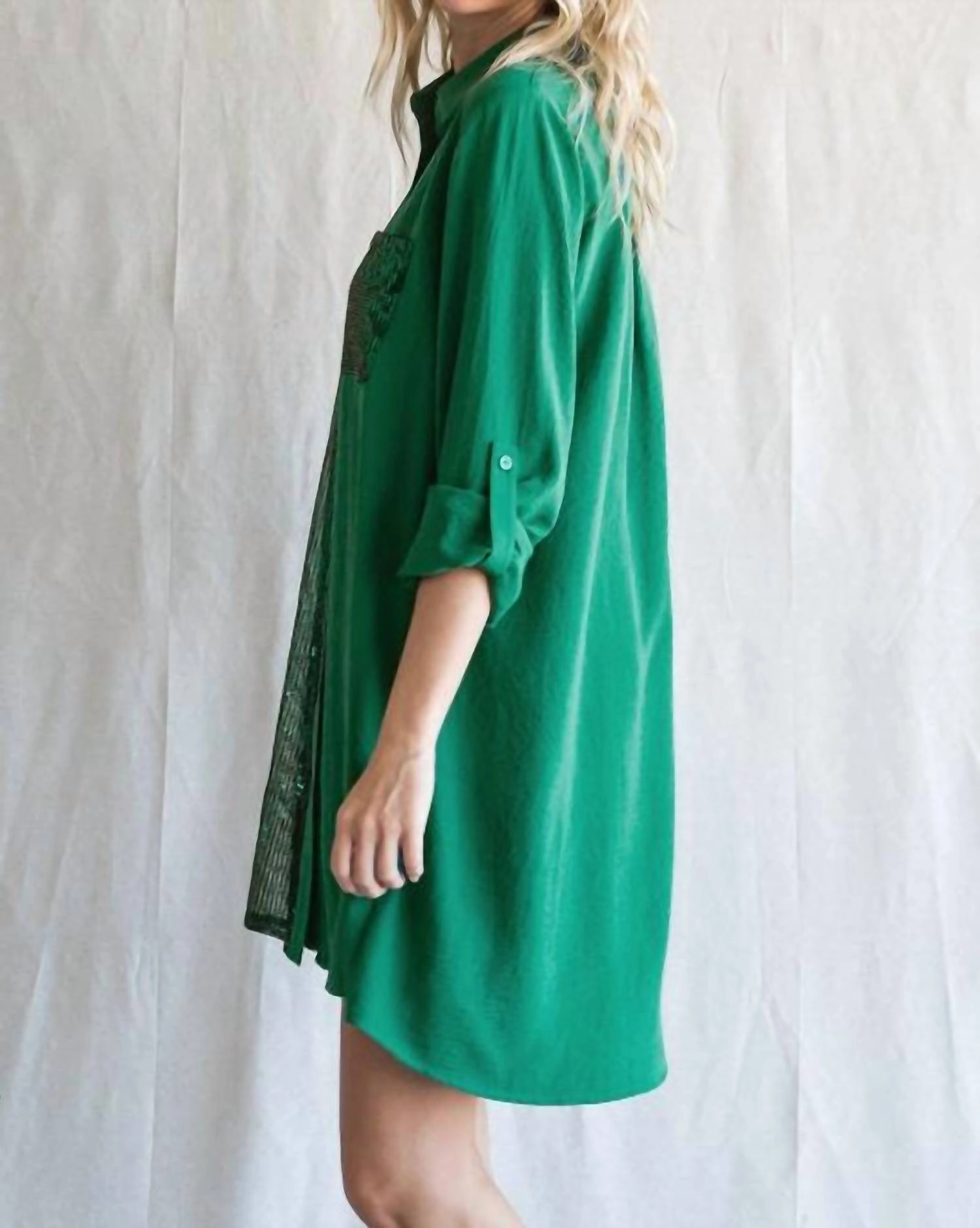 Sequin Shirt Dress In Hunter Green