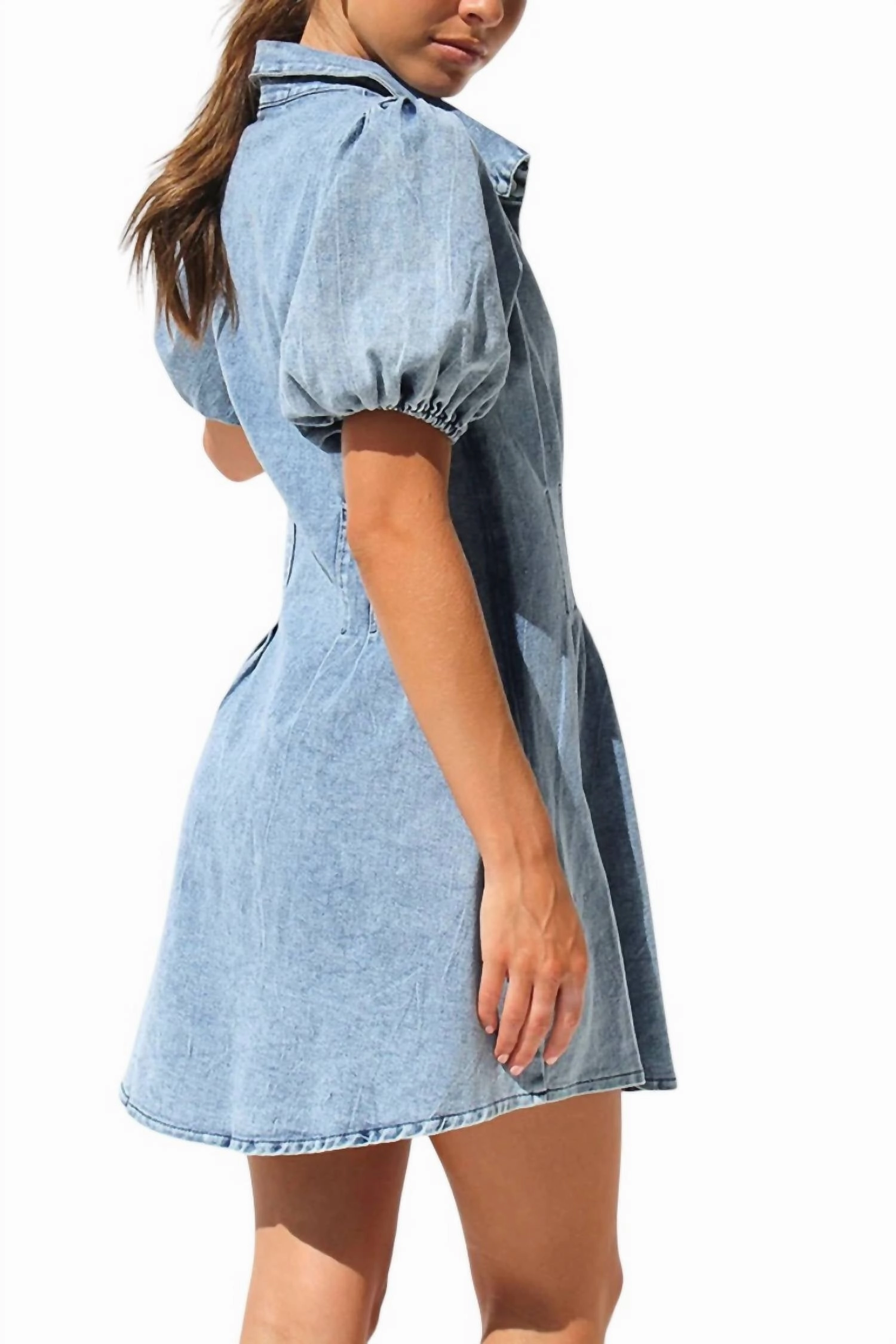 Serenity Puff Sleeves Denim Dress In Medium Wash
