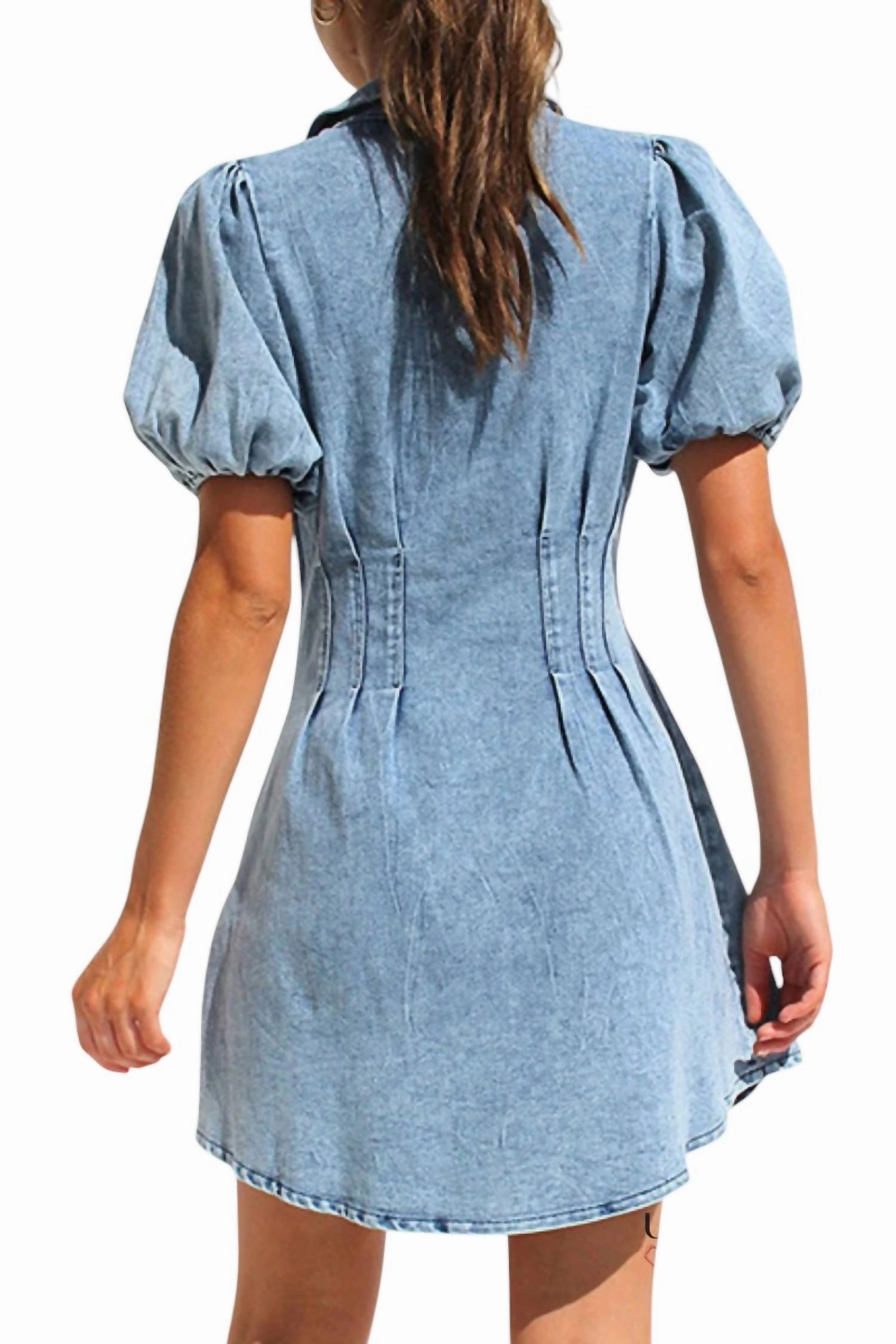 Serenity Puff Sleeves Denim Dress In Medium Wash