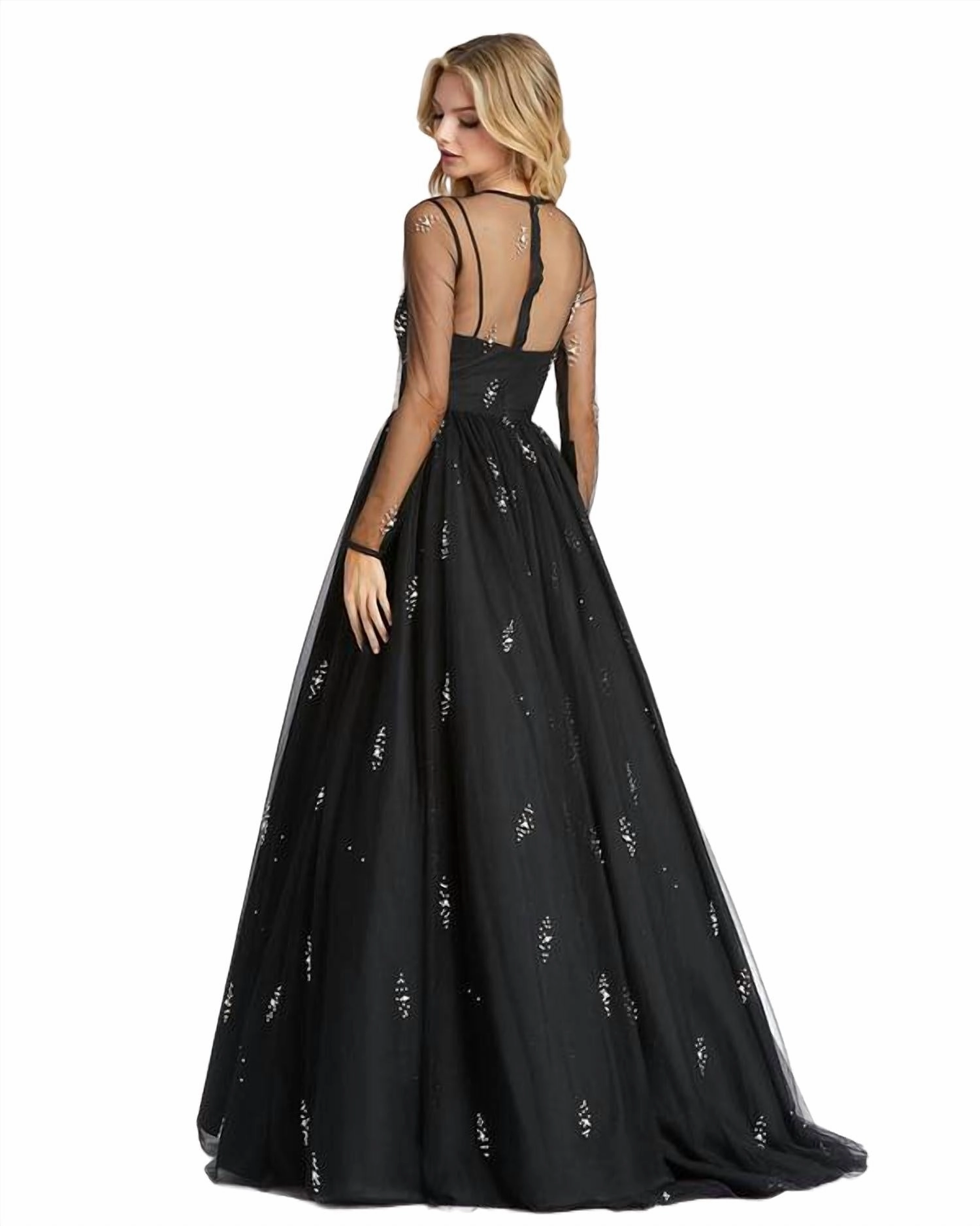 Sheer Sleeve Ball Gown In Black