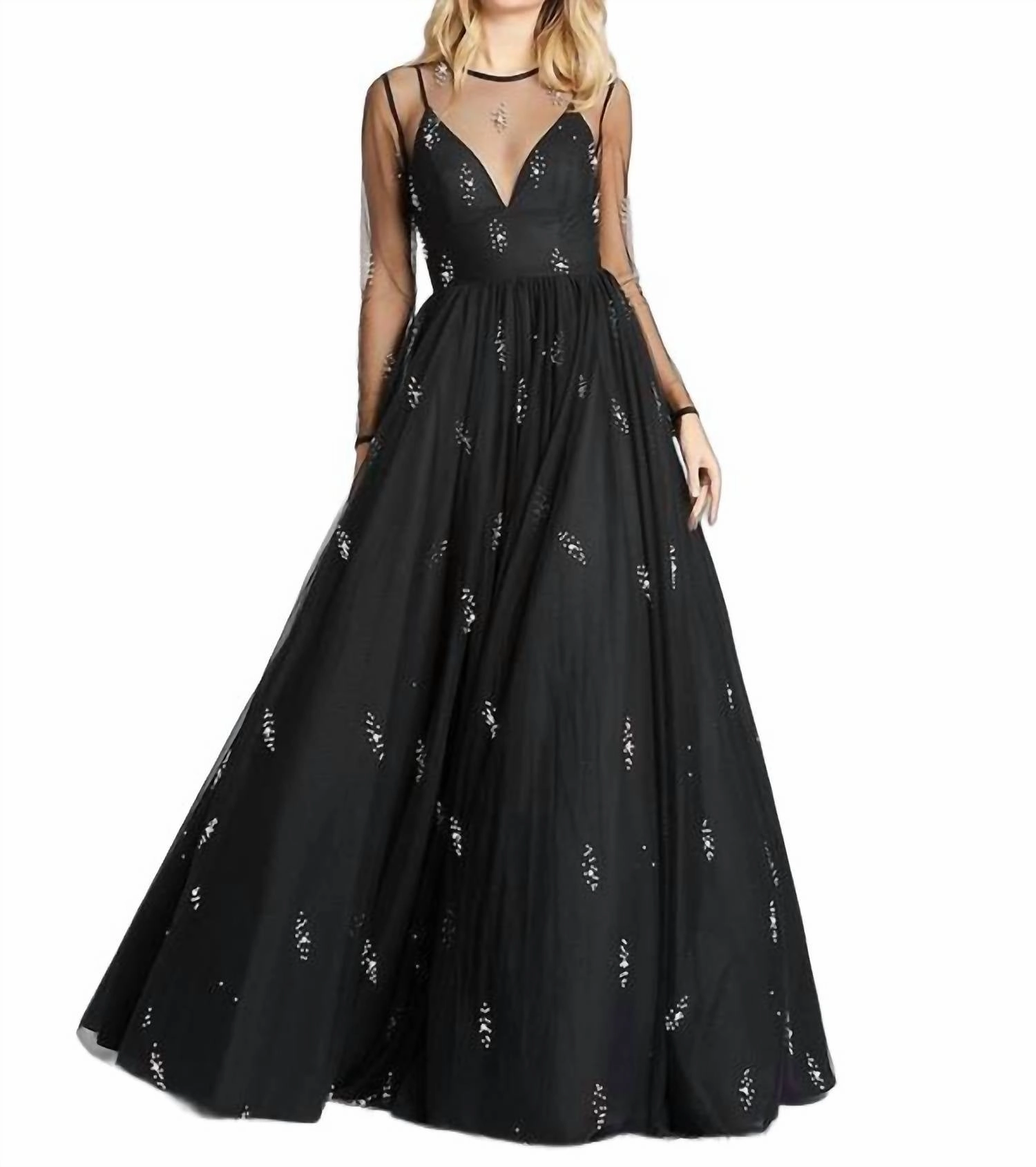 Sheer Sleeve Ball Gown In Black