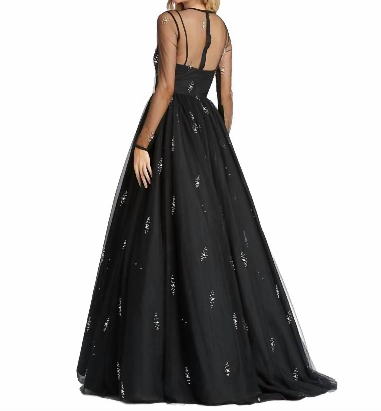 Sheer Sleeve Ball Gown In Black