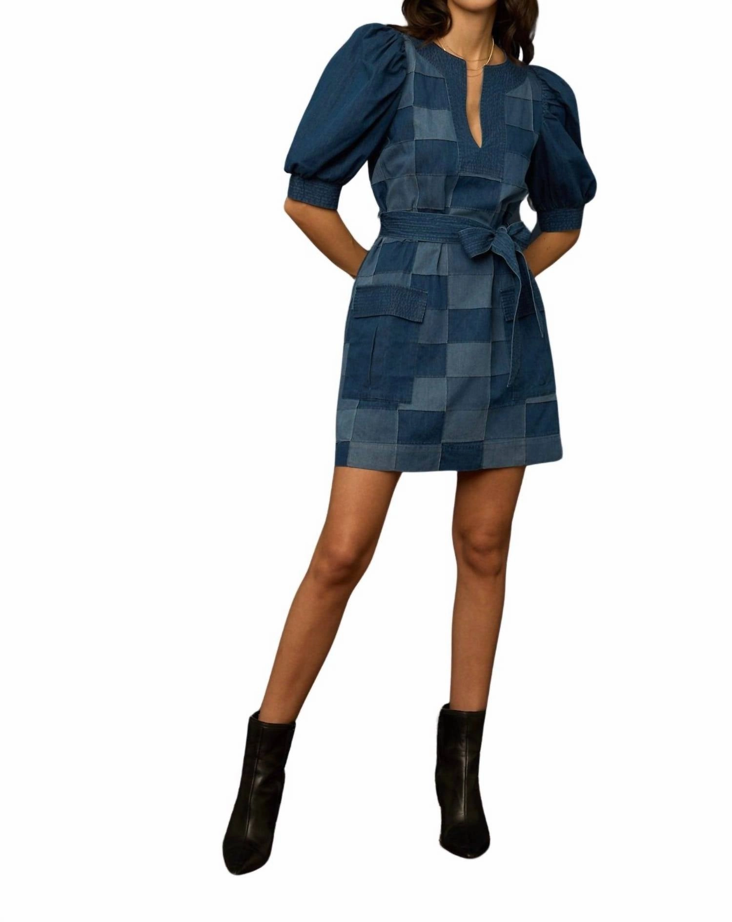 Shelby Dress In Patchwork Denim
