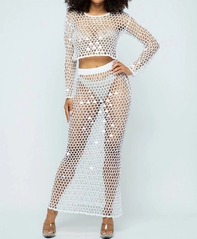 Shine Bright Fishnet Crochet Top And Skirt Set In White Swim Womens - reversible swimsuits