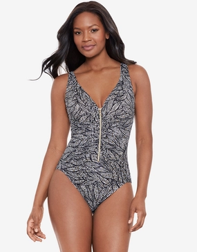 Shore Leave Zipt Swimsuit - Black and White Miraclesuit - Miraclesuit swimwear clearance
