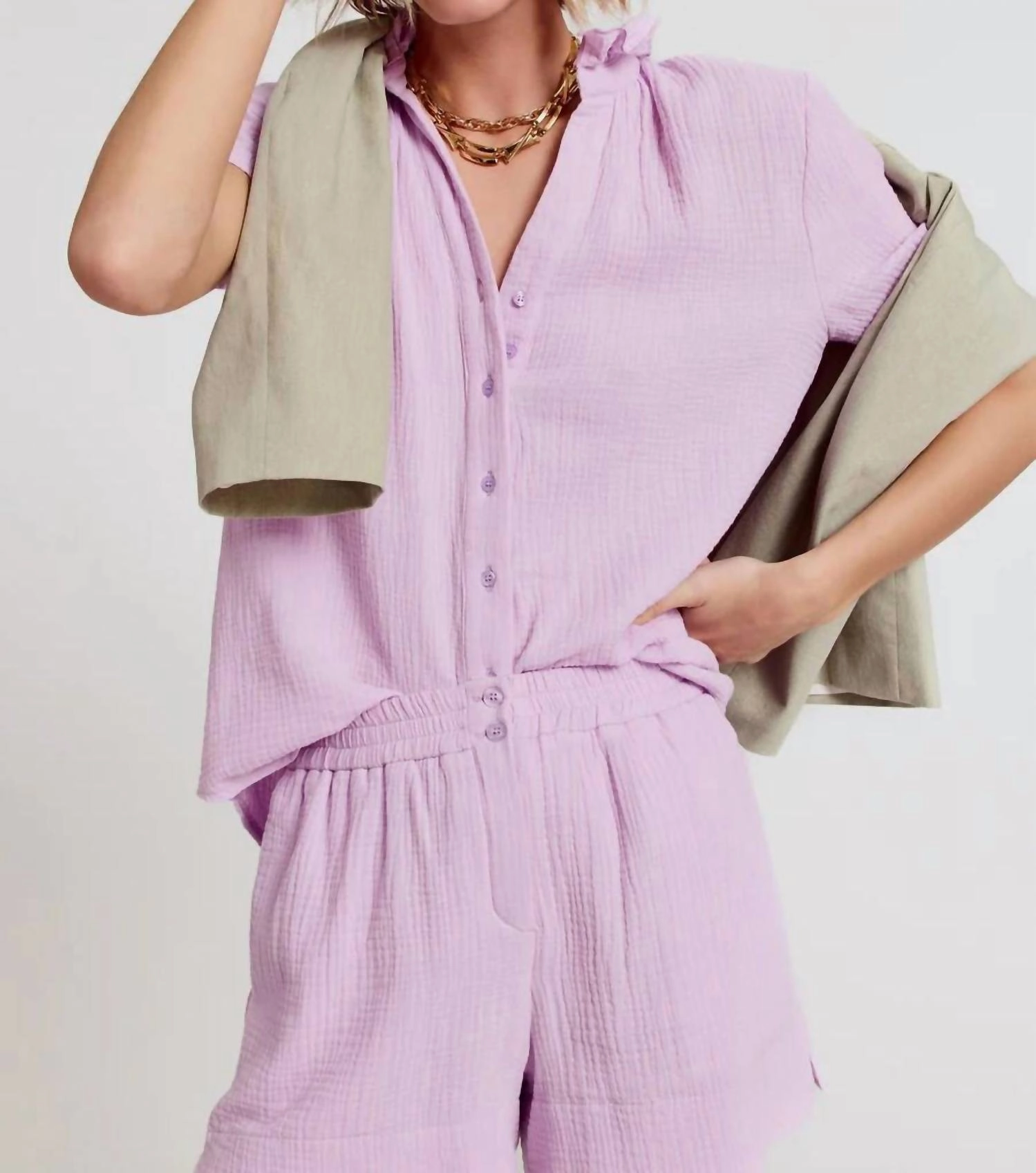 Short Sleeve Loose Back Shirt Gauze In Lilac