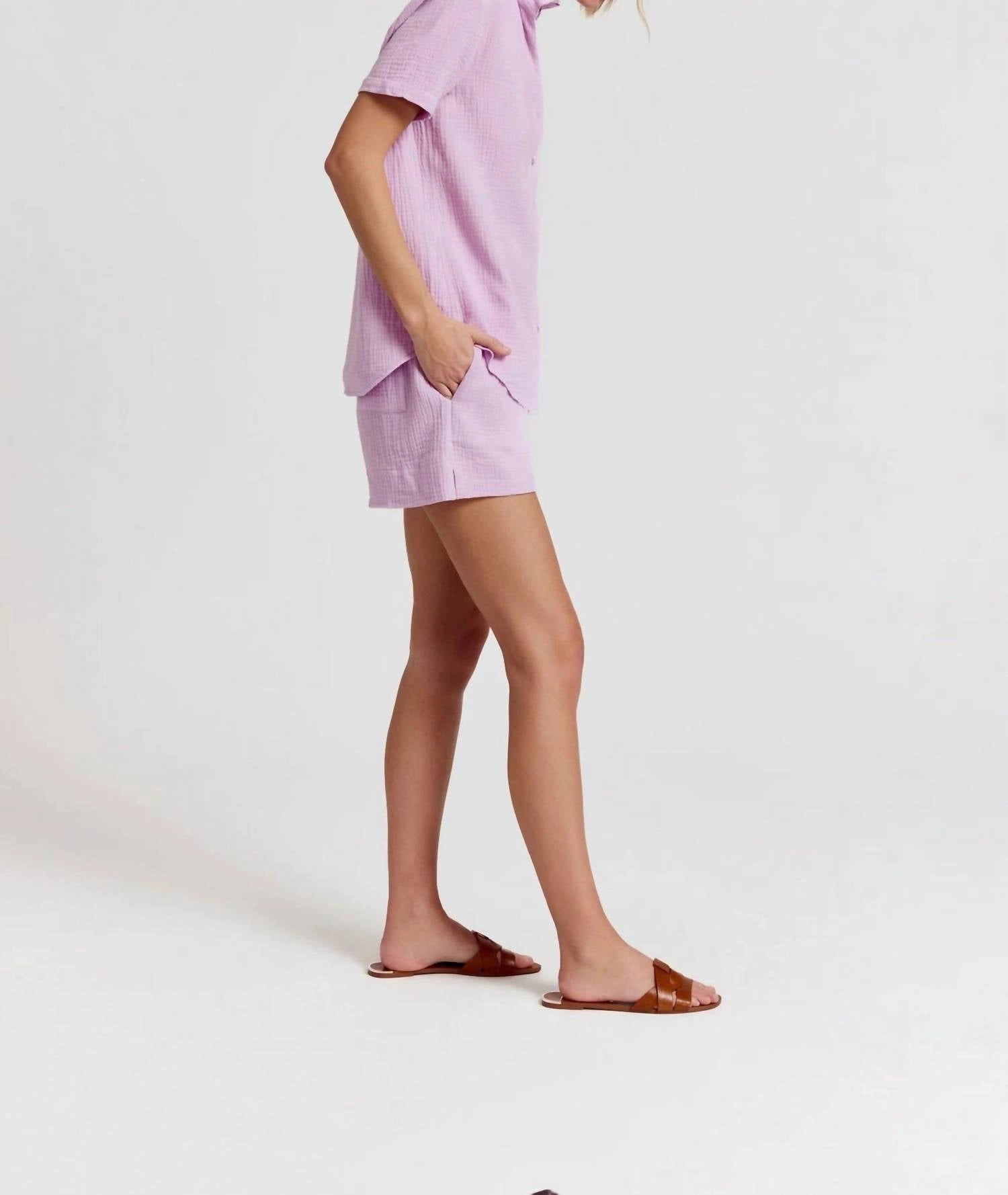 Short Sleeve Loose Back Shirt Gauze In Lilac