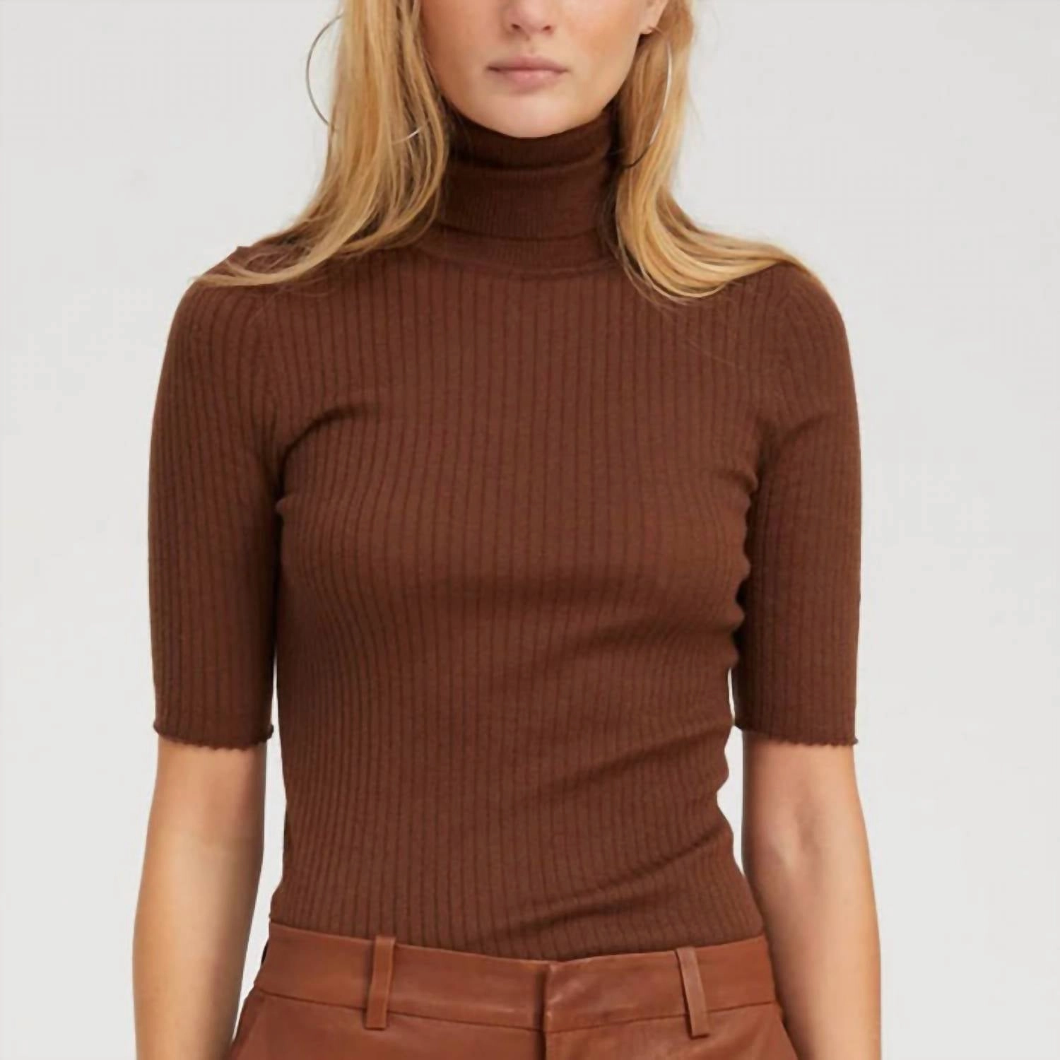 Short Sleeve Turtleneck Top In Chocolate