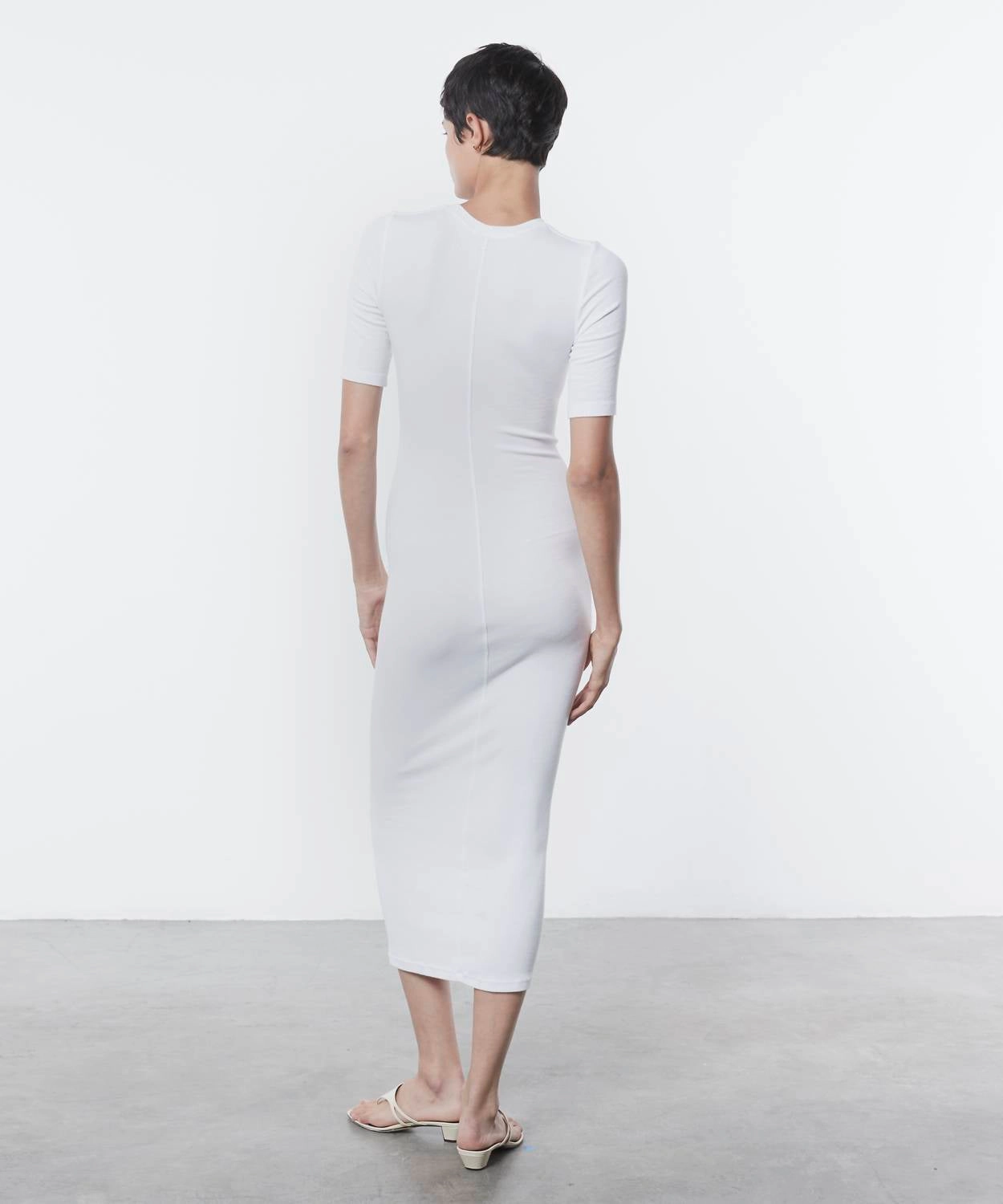 Silk Rib Half Sleeve Midi Dress In White