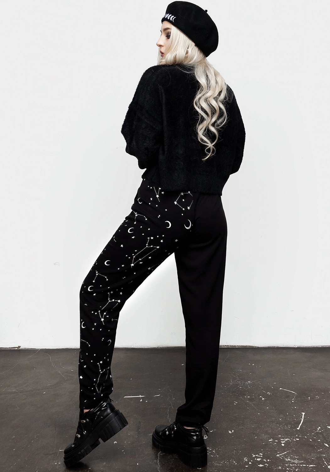 Silver Celestial Print Spliced Tapered Trousers