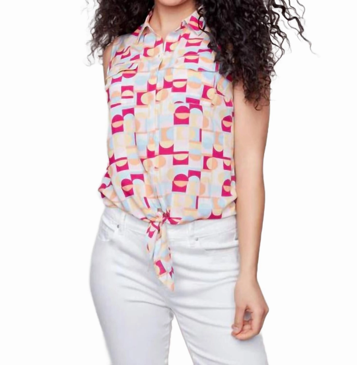 Sleeveless Button Front Shirt In Watermelon