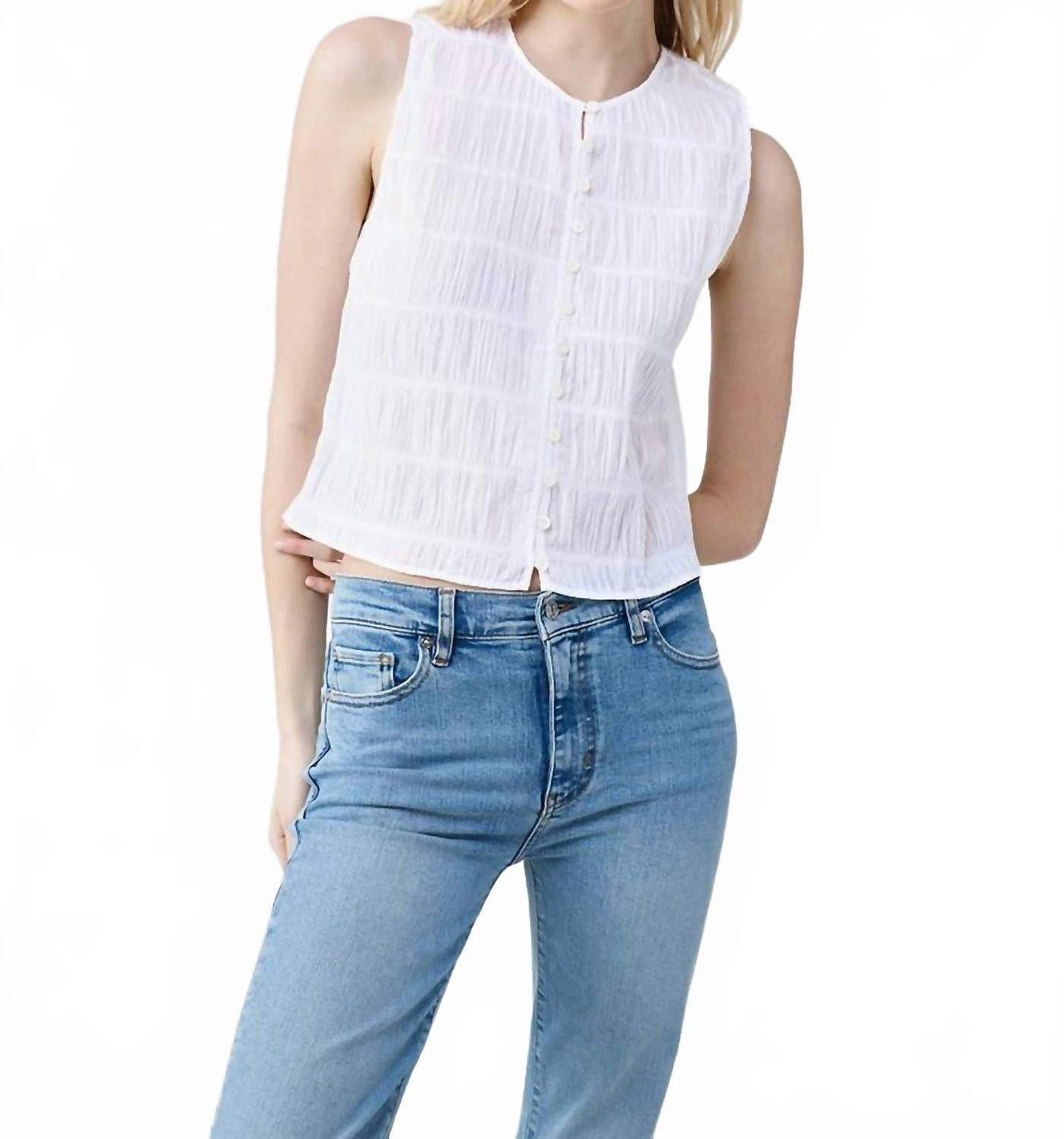 Smocked Button Front Tank Top In White