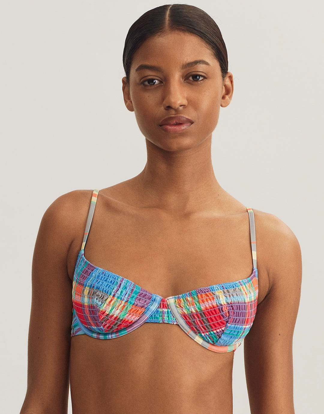 Smocked Madras Underwired Balconette Bikini Top - Multi Swim Womens - beachwear discount