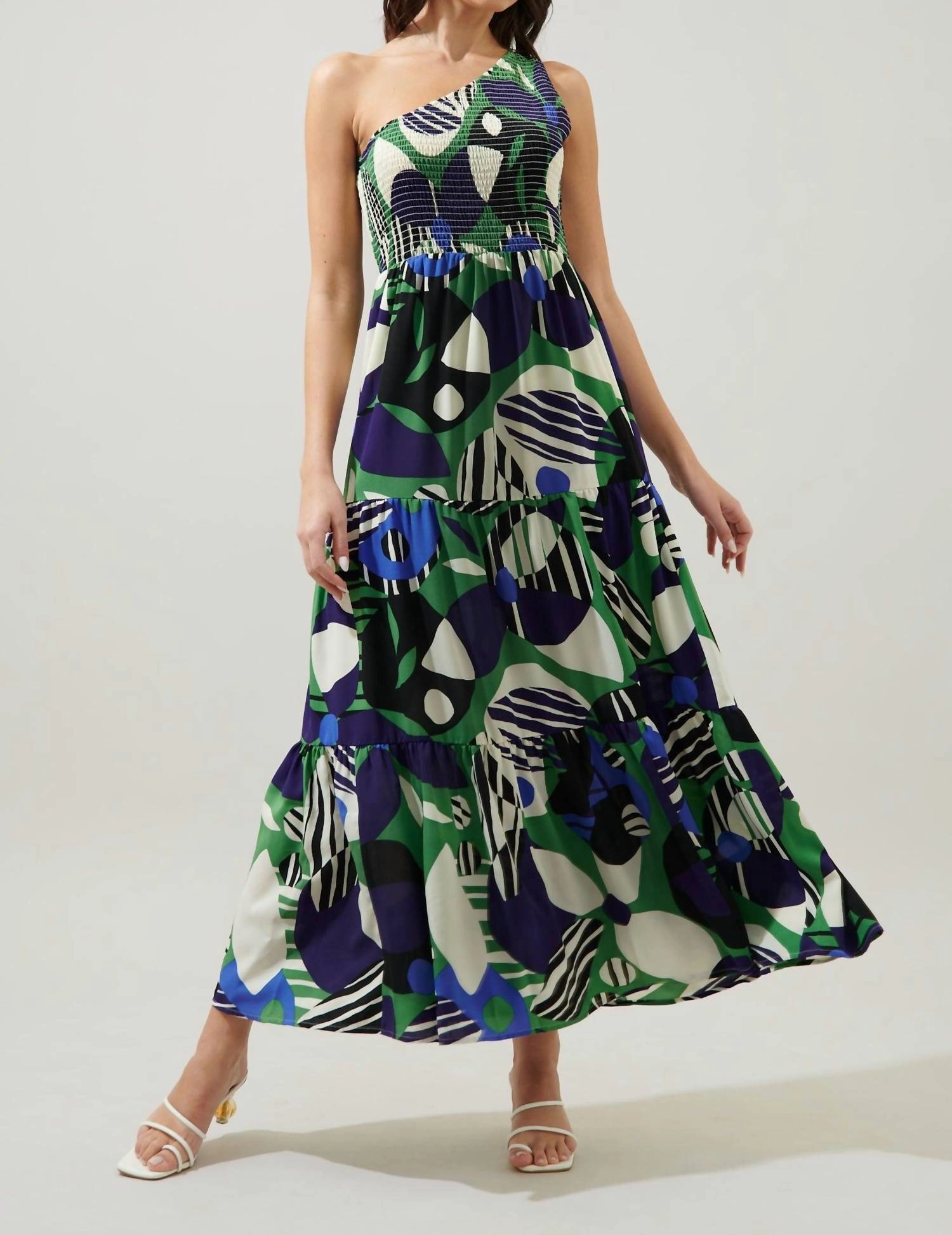Smocked One Shoulder Dress In Blue/green Floral