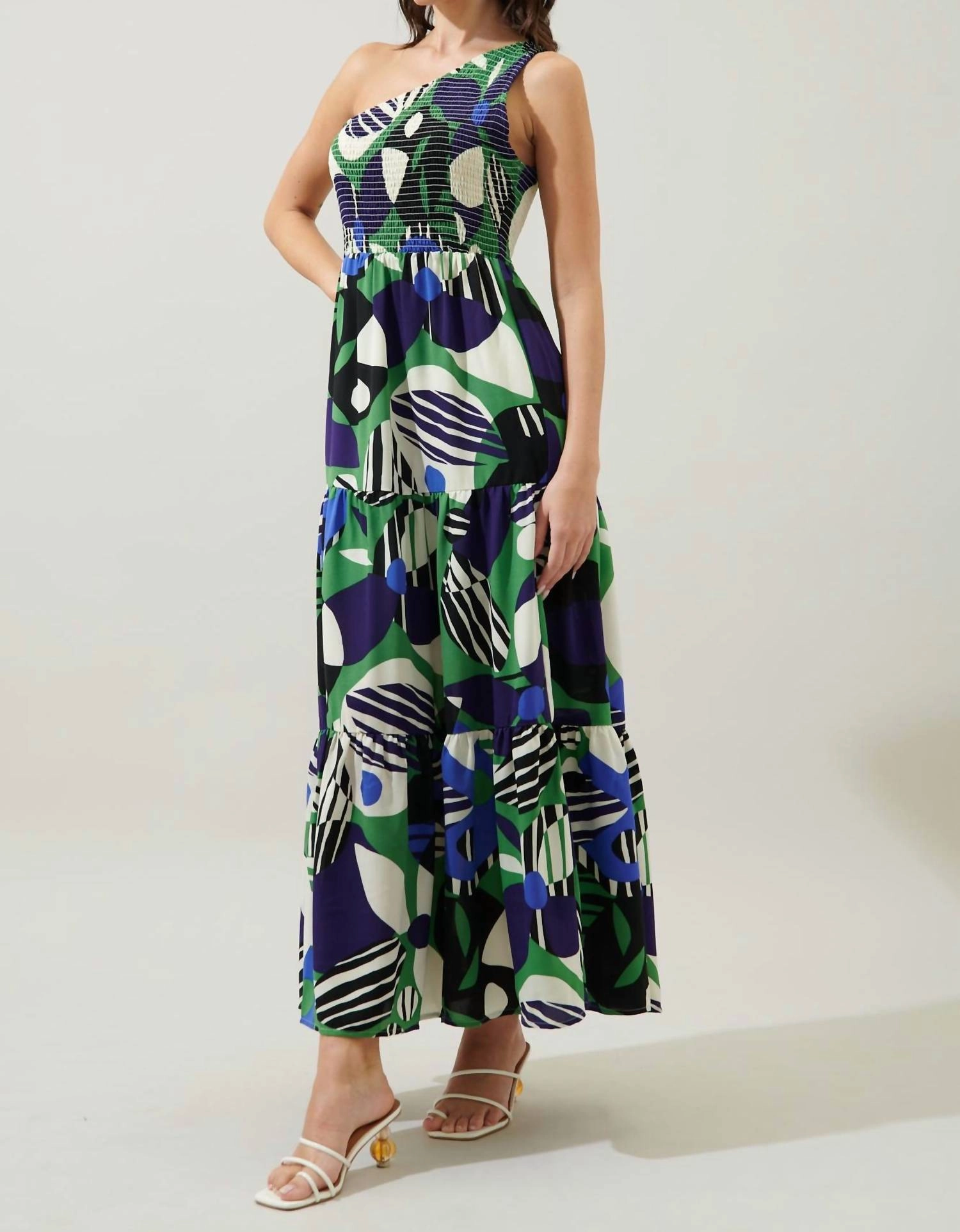 Smocked One Shoulder Dress In Blue/green Floral