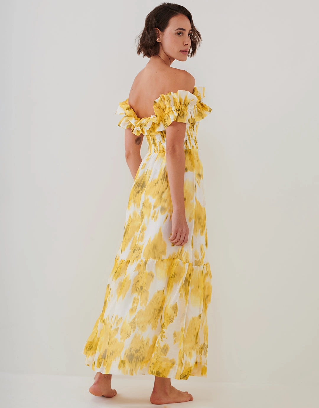 Soft Focus Florals Ruffle Bandeau Midi Dress - Vivid Yellow