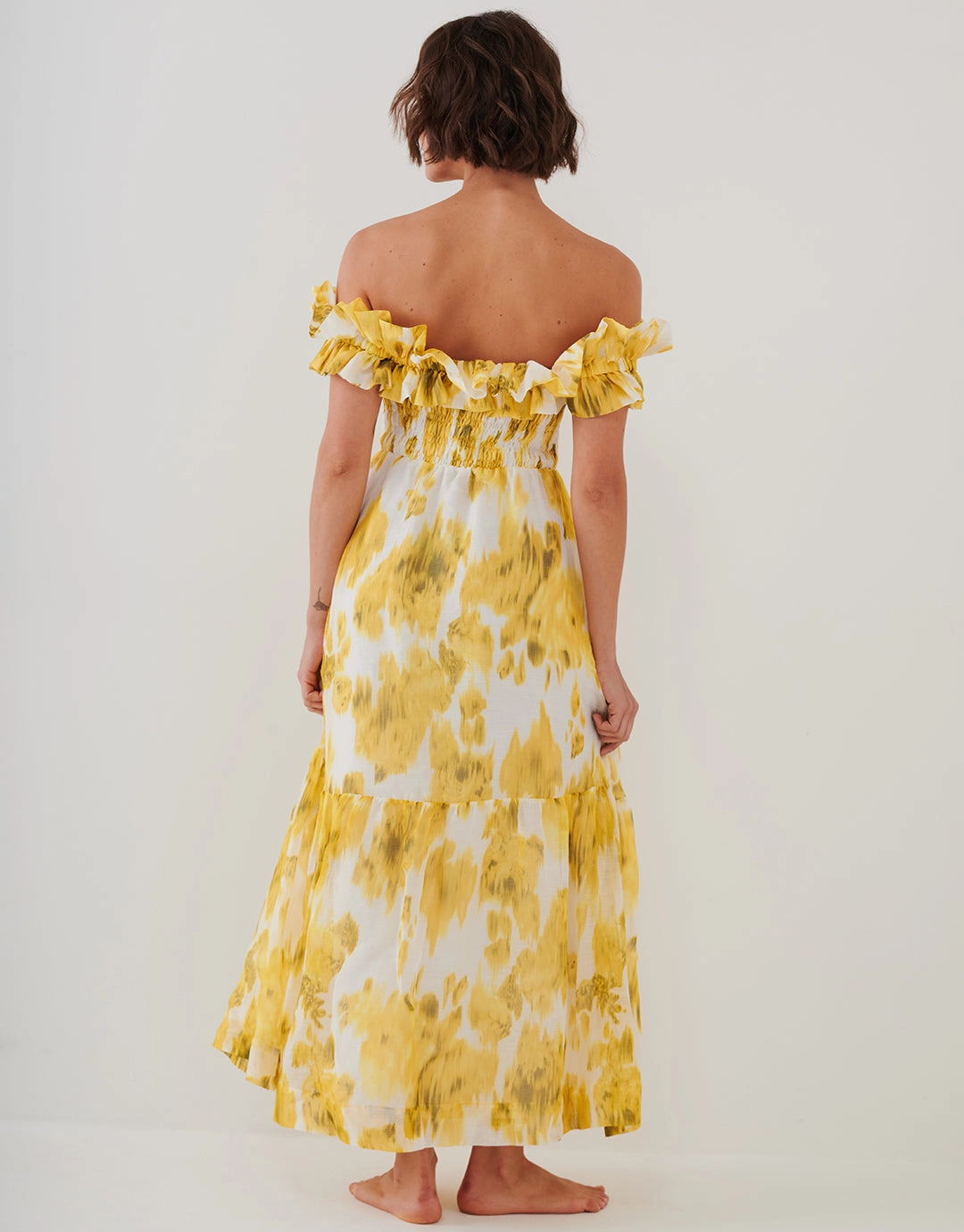 Soft Focus Florals Ruffle Bandeau Midi Dress - Vivid Yellow