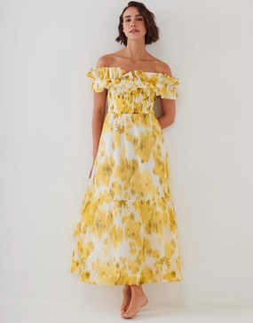 Soft Focus Florals Ruffle Bandeau Midi Dress - Vivid Yellow Maryan Mehlhorn - Maryan Mehlhorn dresses