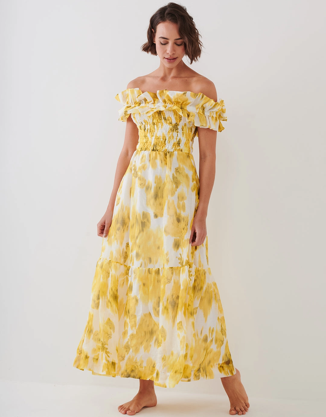 Soft Focus Florals Ruffle Bandeau Midi Dress - Vivid Yellow