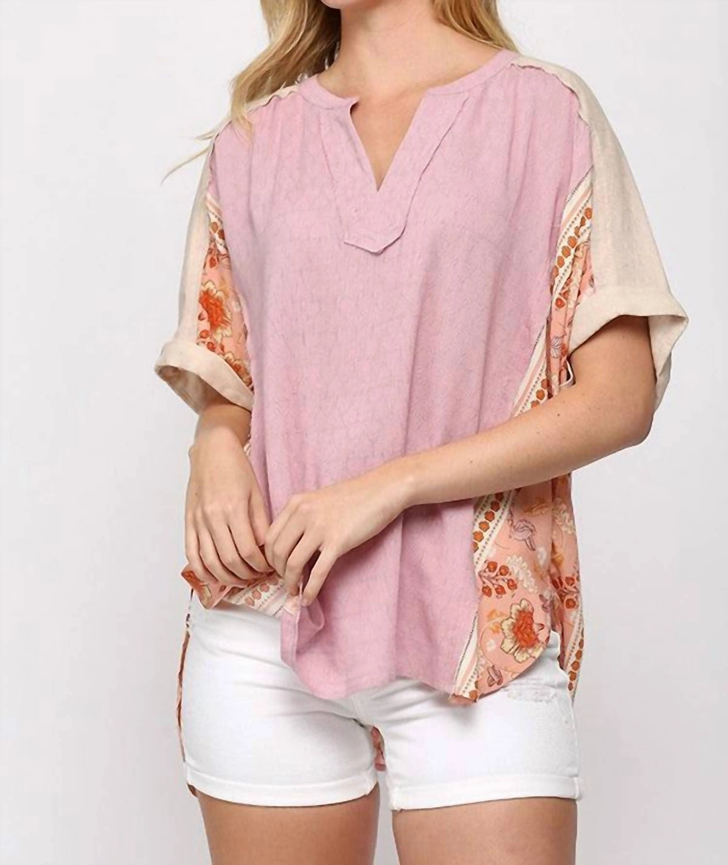 Solid And Print Mixed Top In Pink