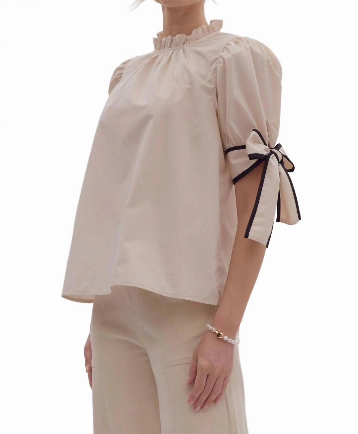 Solid Bow Tie Sleeve Blouse In Ecru