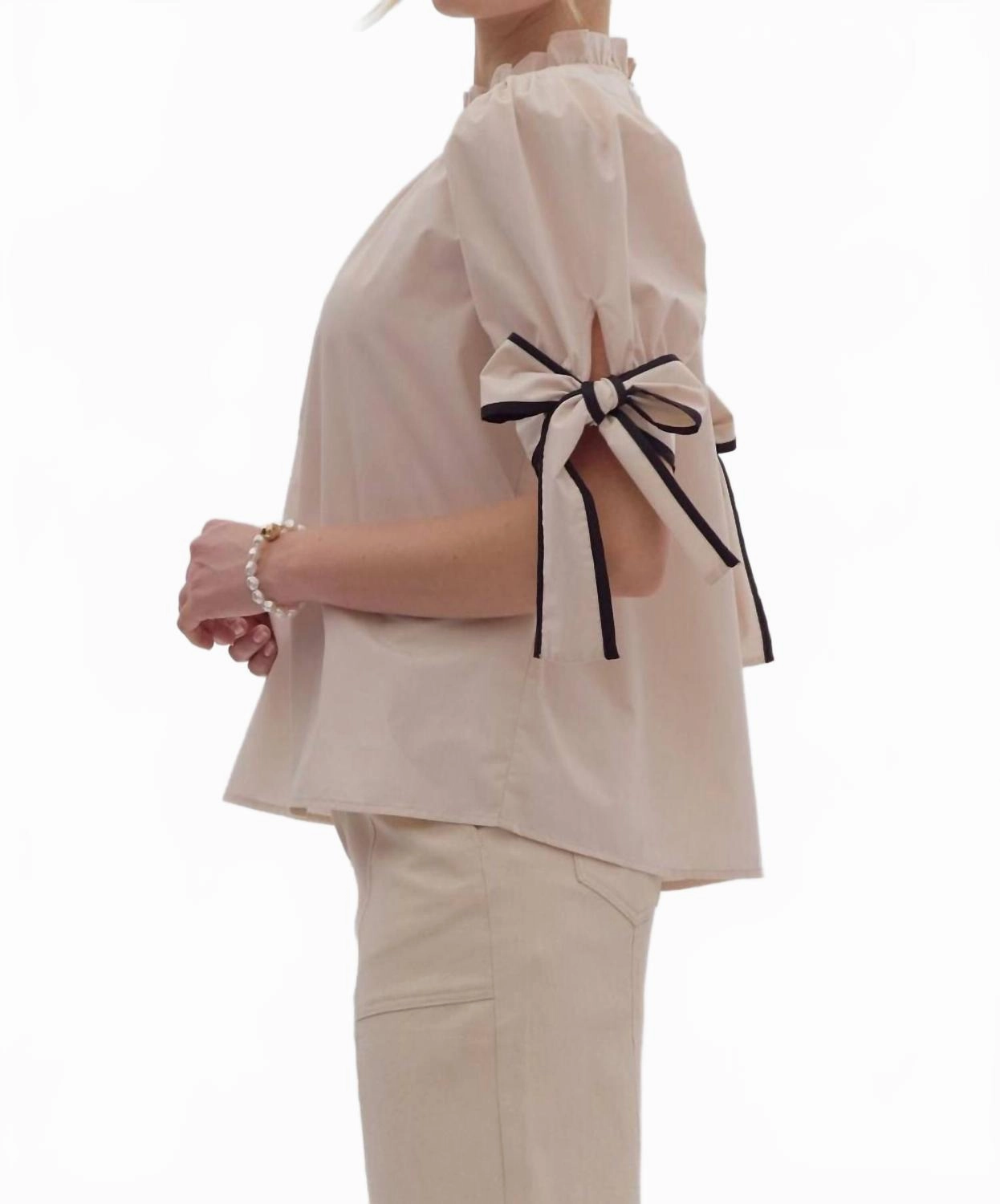 Solid Bow Tie Sleeve Blouse In Ecru