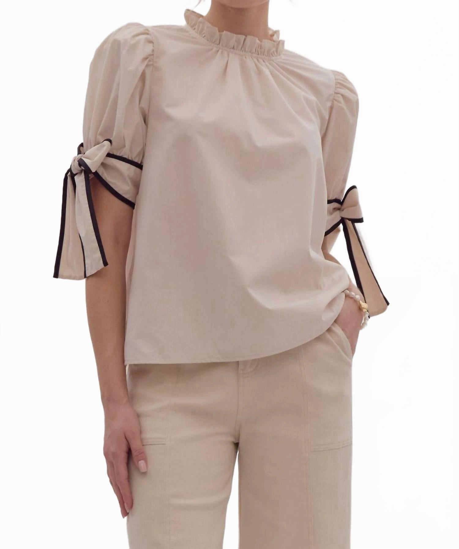 Solid Bow Tie Sleeve Blouse In Ecru