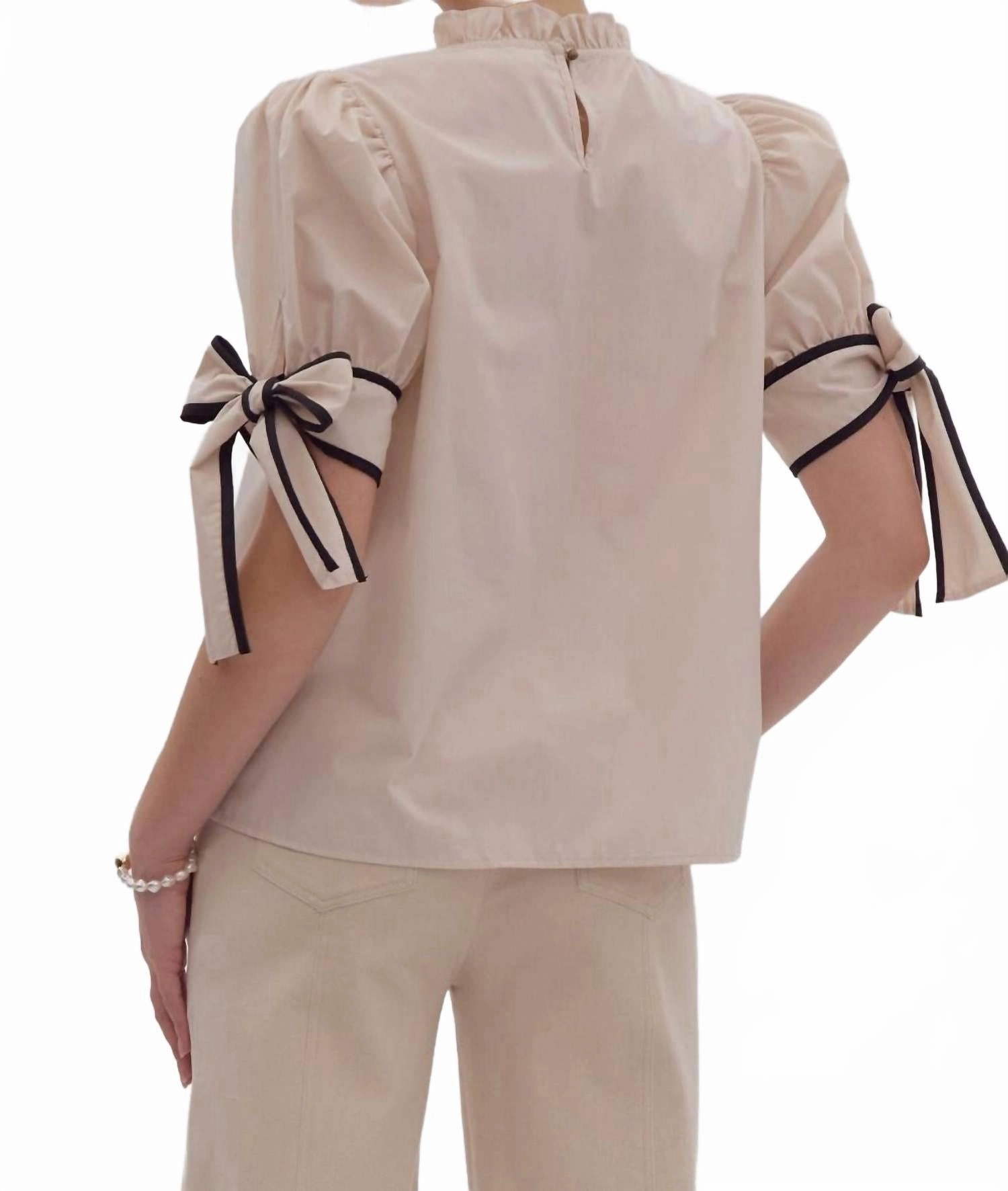 Solid Bow Tie Sleeve Blouse In Ecru