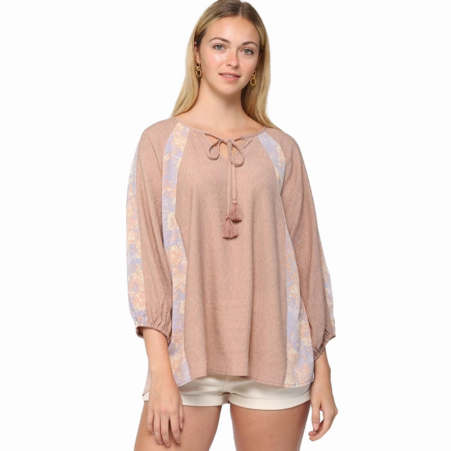 Solid Crinkle And Print Mix Raglan Sleeve Top With Tassel Tie