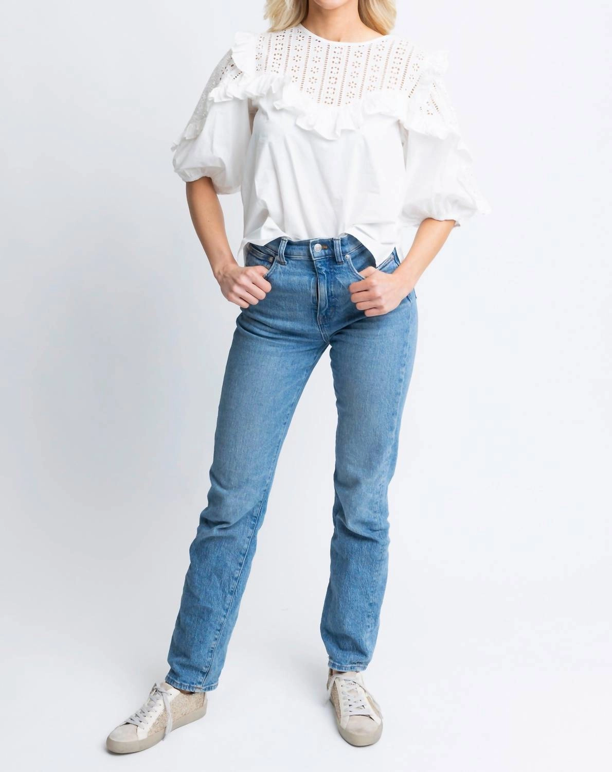Solid Eyelit Poplin Novelty Top In White