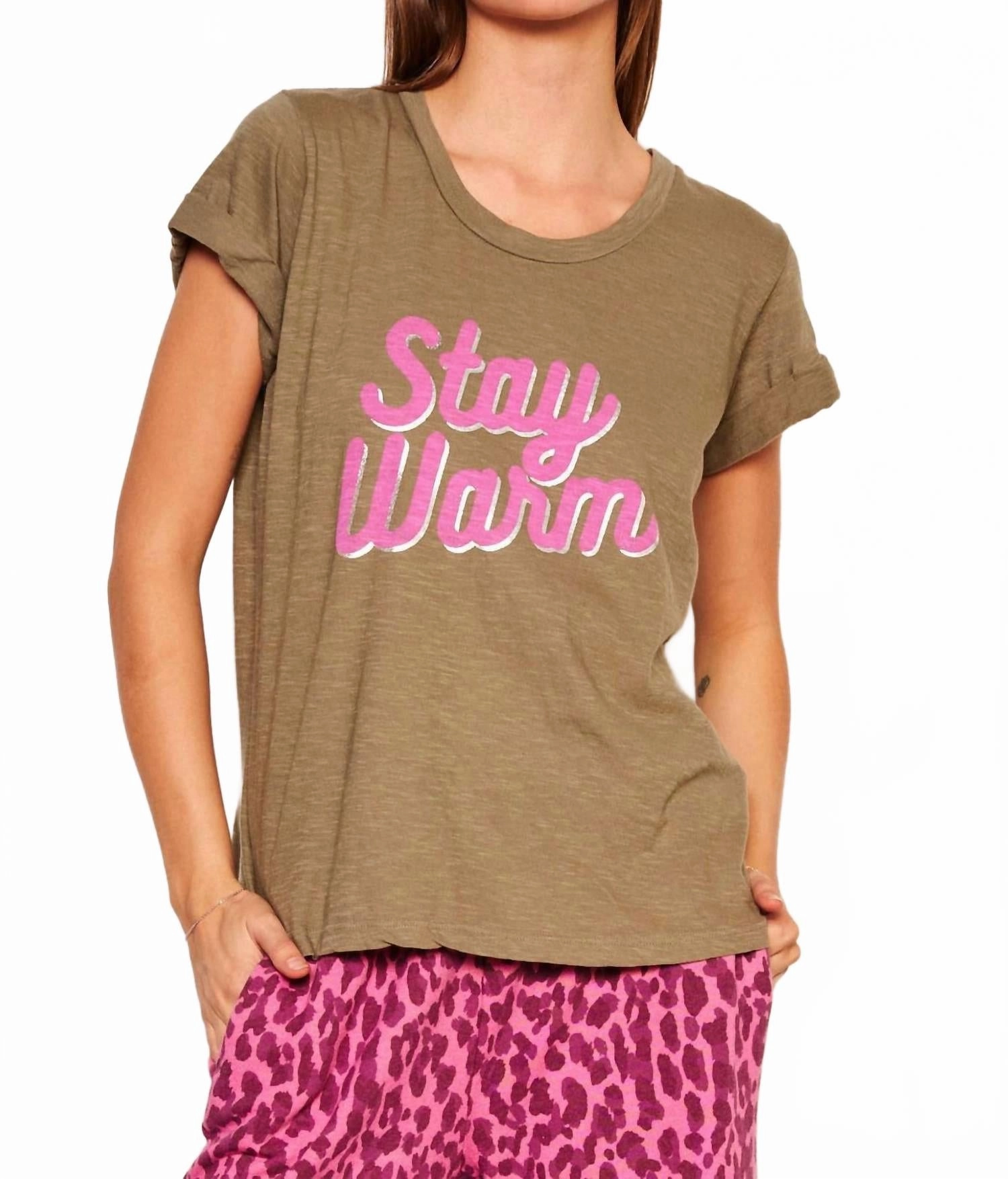 Stay Warm Rolled Sleeve Tee In Warm Fern
