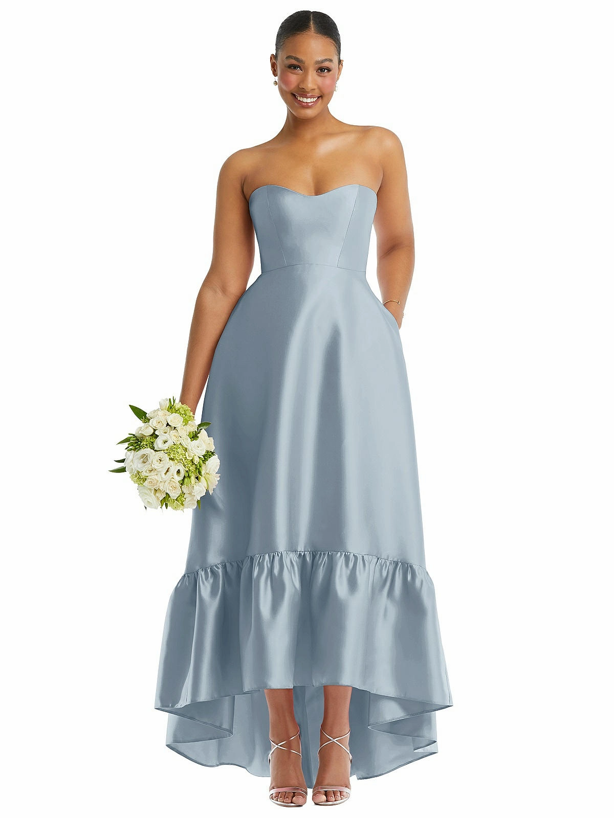 Strapless Deep Ruffle Hem Satin High Low Dress with Pockets