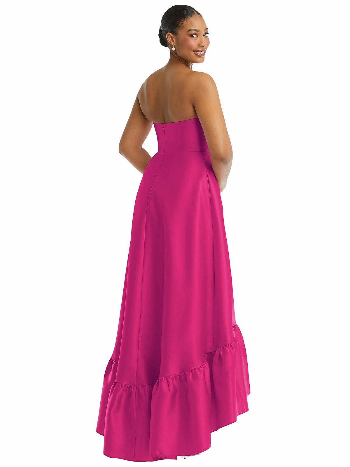 Strapless Deep Ruffle Hem Satin High Low Dress with Pockets
