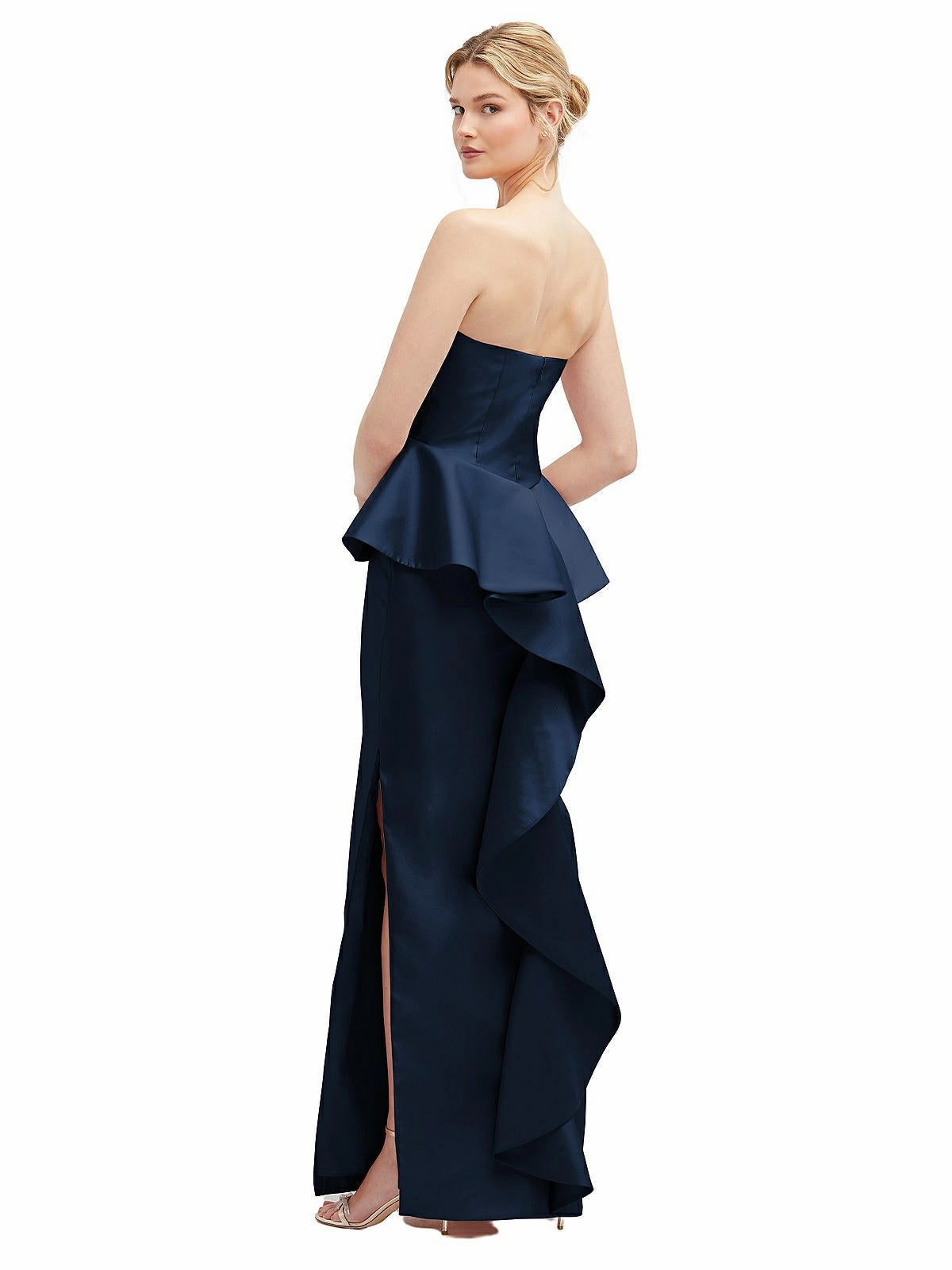 Strapless Satin Maxi Dress with Cascade Ruffle Peplum Detail