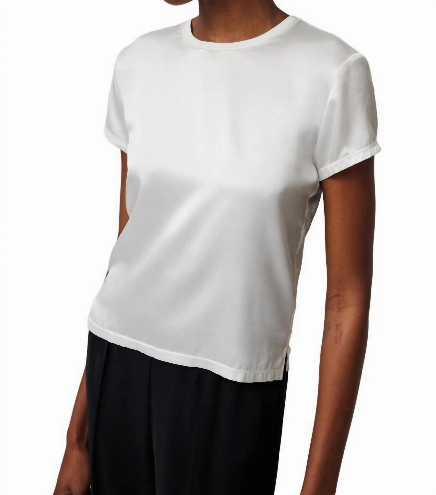 Stretch Satin Short Sleeve Tee Top In White