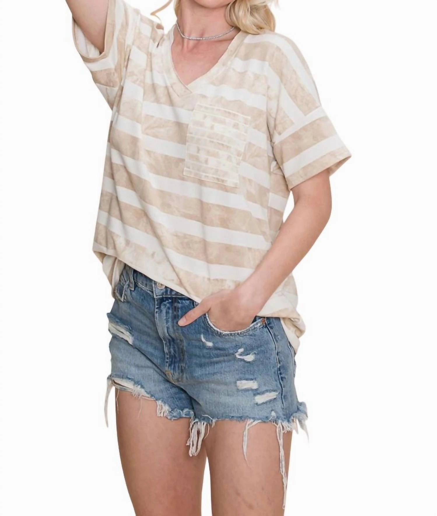 Striped Pocket Top In Taupe