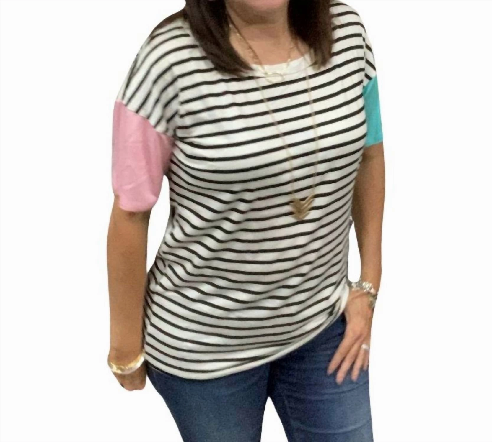 Striped Tee Top In Blush/mint/ivory